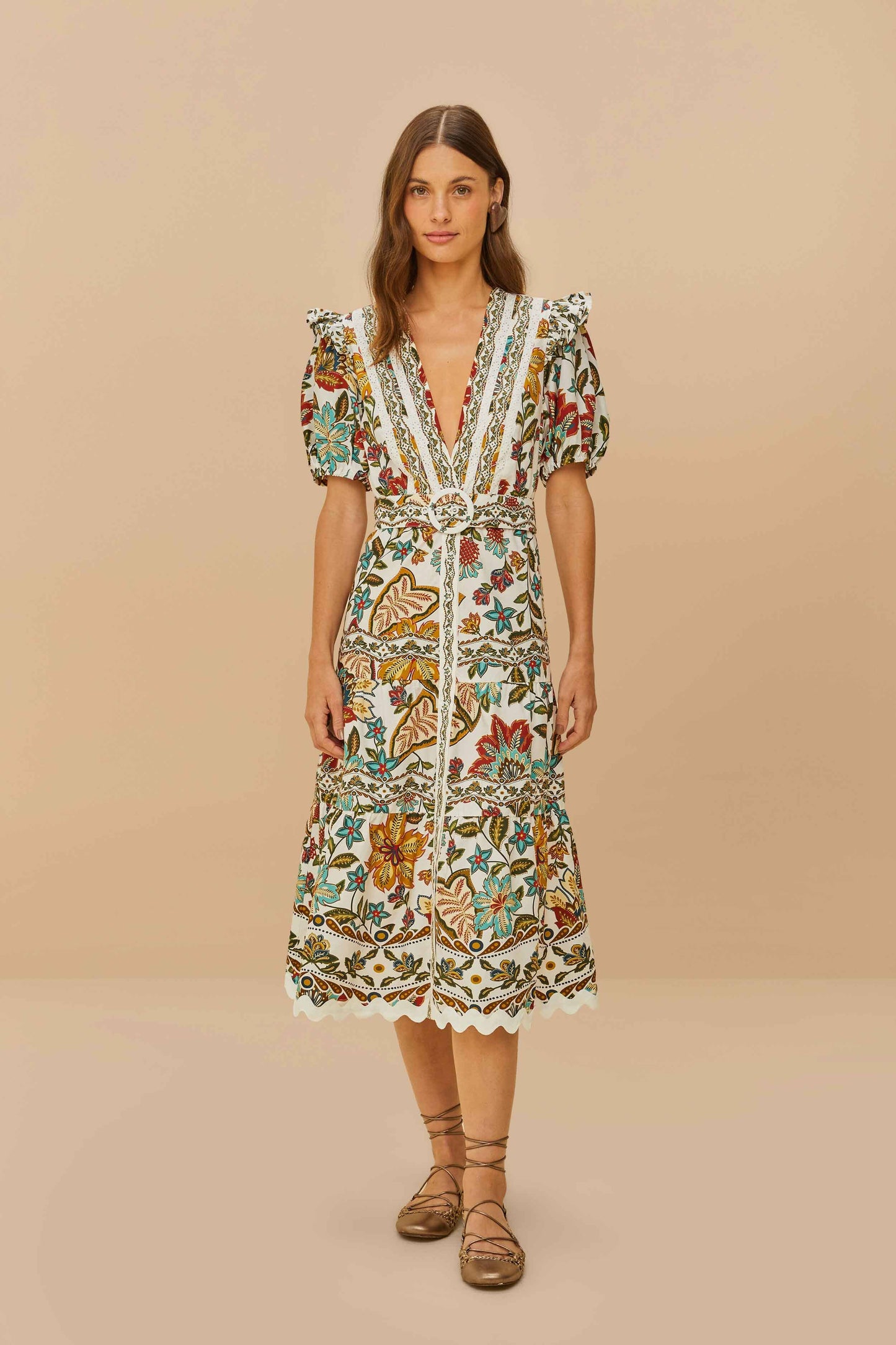Off-White Botanicals Vestido Midi con Cinturón