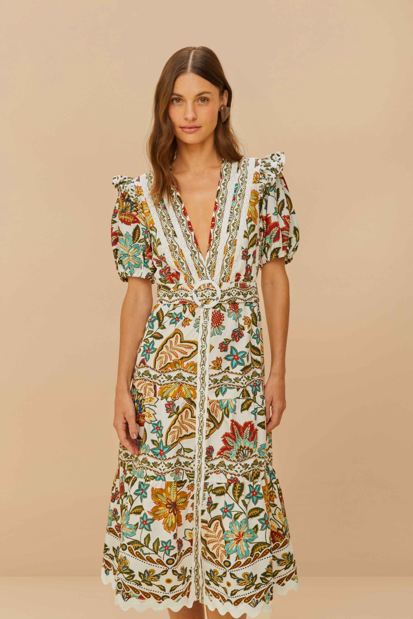 Off-White Botanicals Vestido Midi con Cinturón
