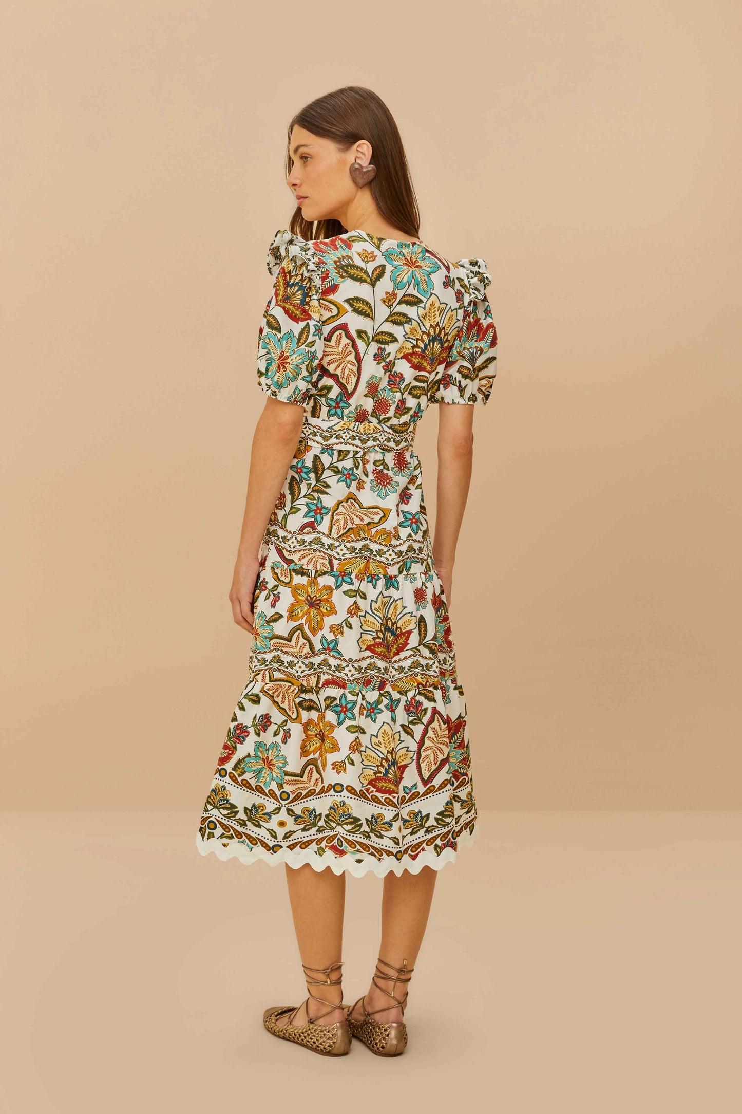 Off-White Botanicals Vestido Midi con Cinturón