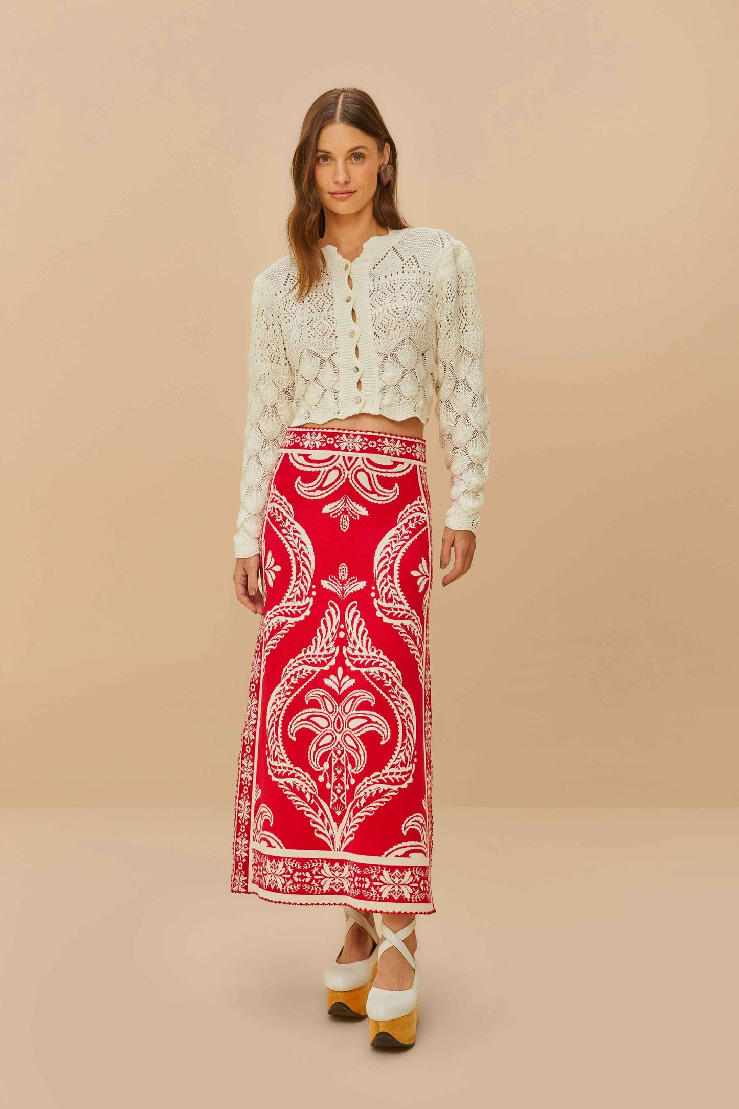 Falda de punto de jacquard tropical rojo