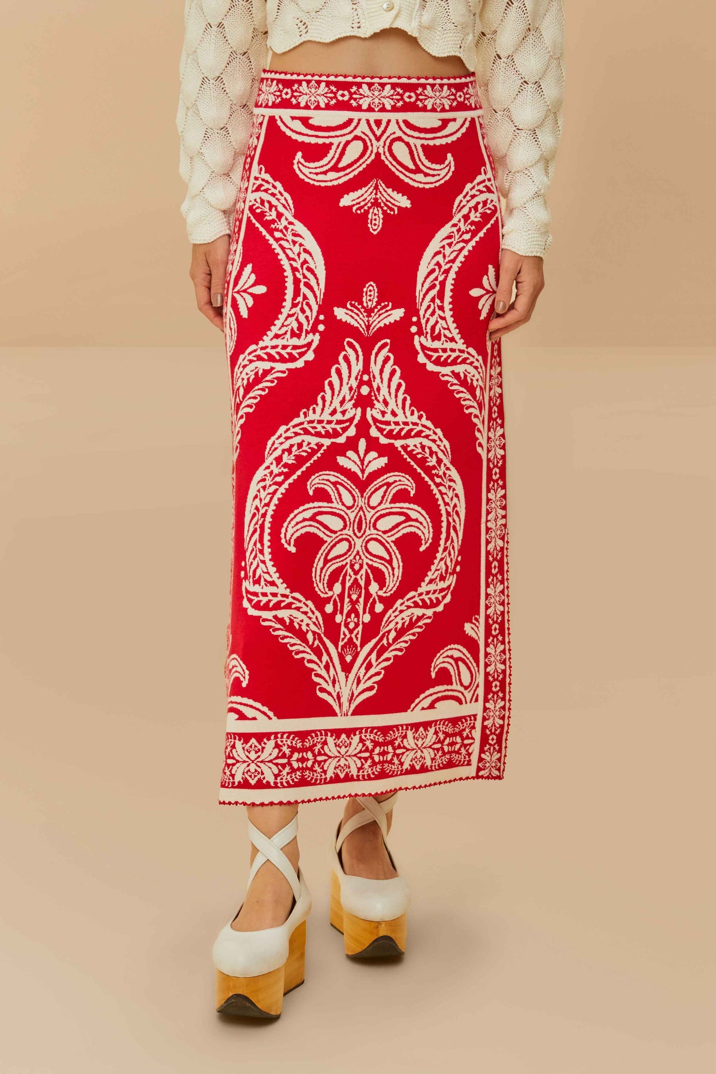 Falda de punto de jacquard tropical rojo