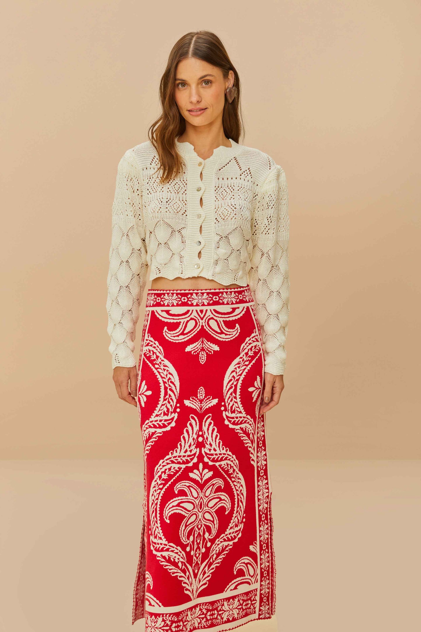 Falda de punto de jacquard tropical rojo