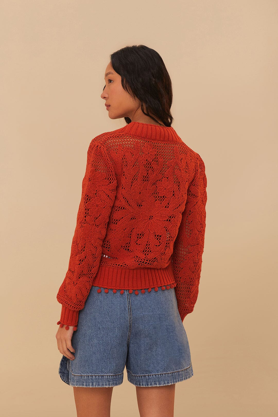 Cárdigan de punto floral naranja