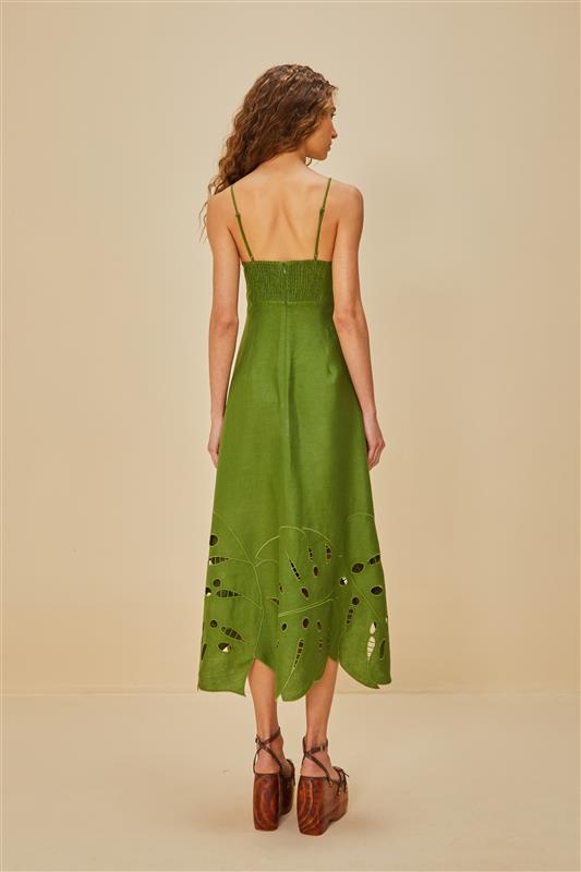 Maxi Vestido Bordado Monstera Verde