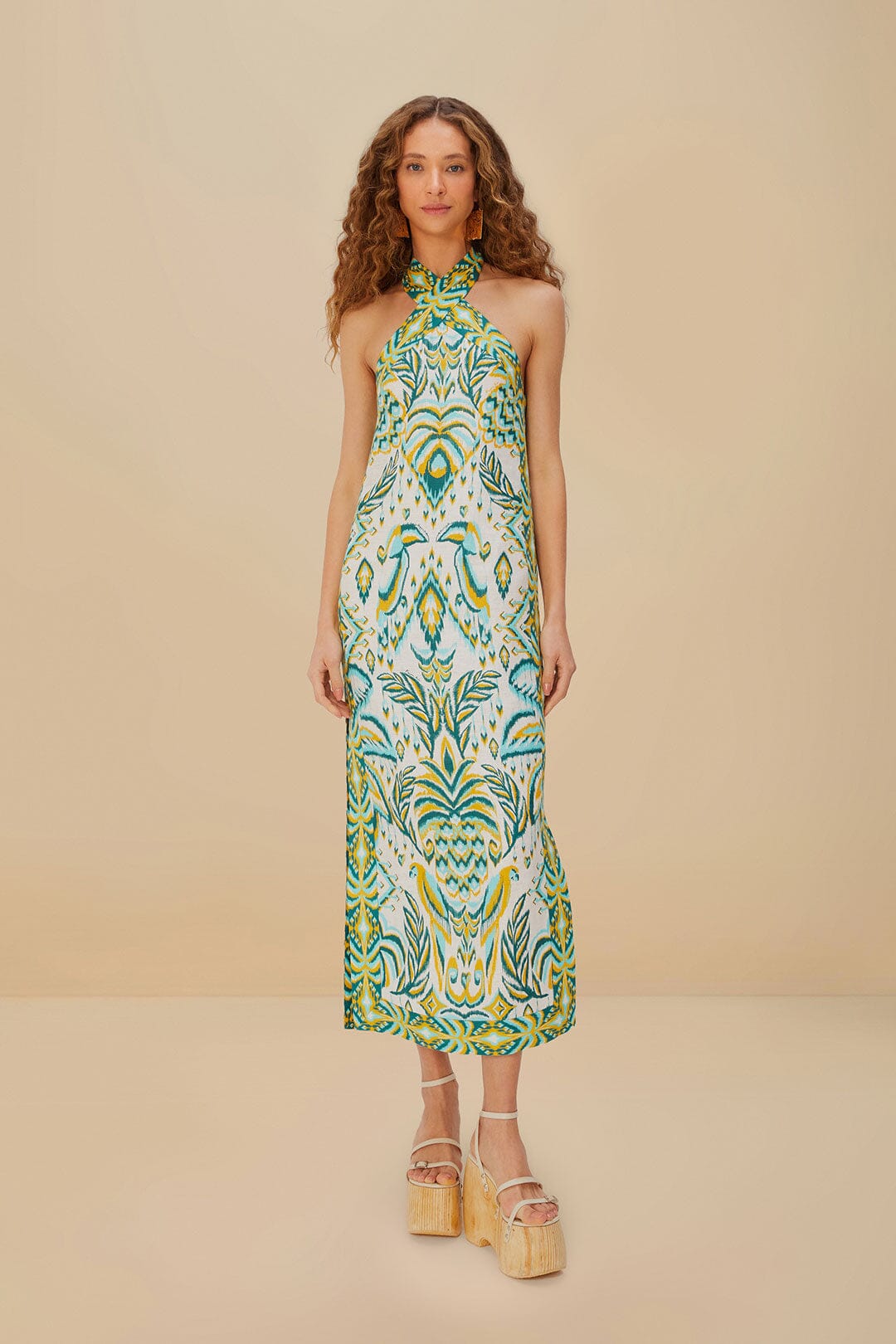 Maxi vestido de lino premium Euroflax™ con estampado tropical