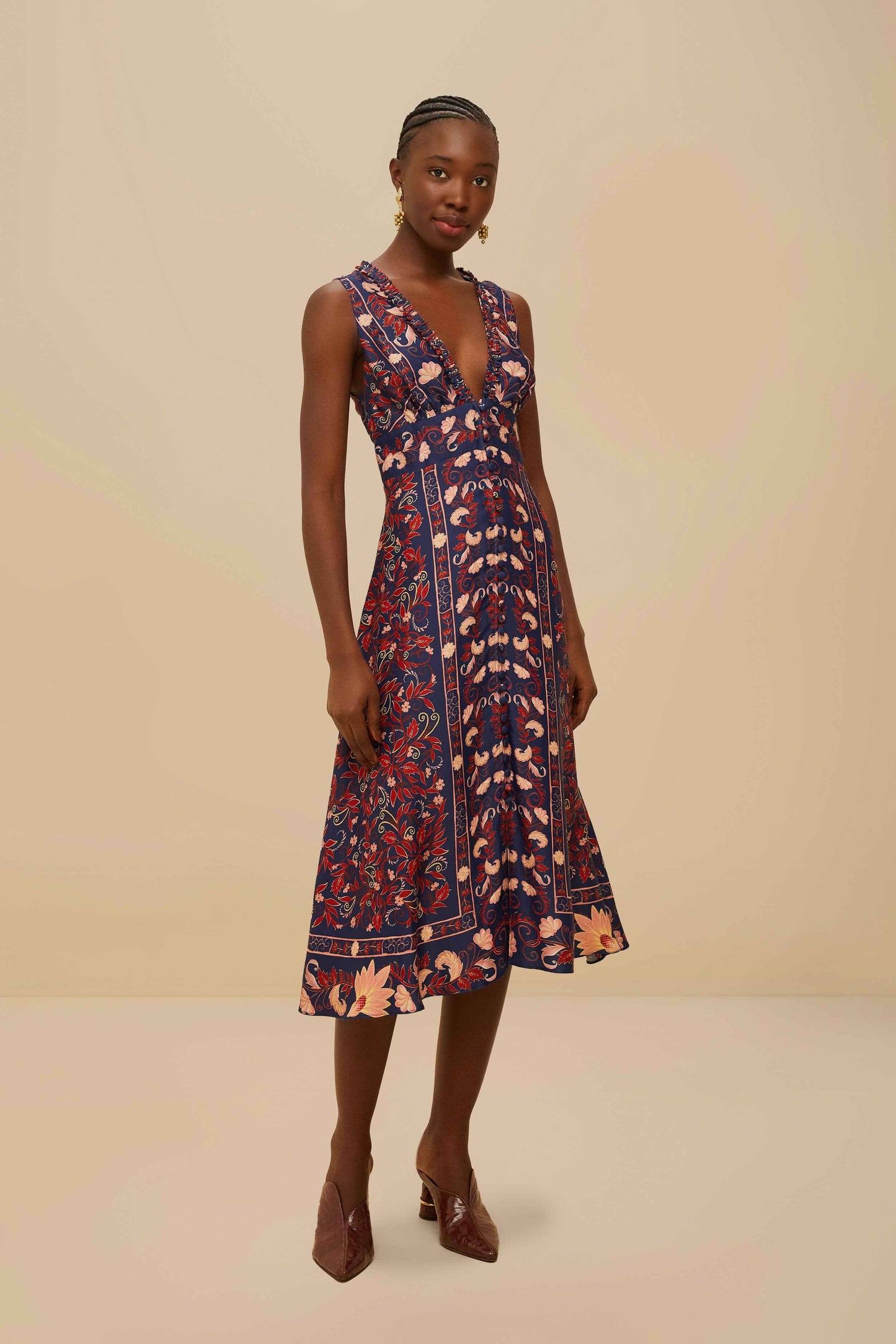 Vestido Midi Boho Floral Azul Marino