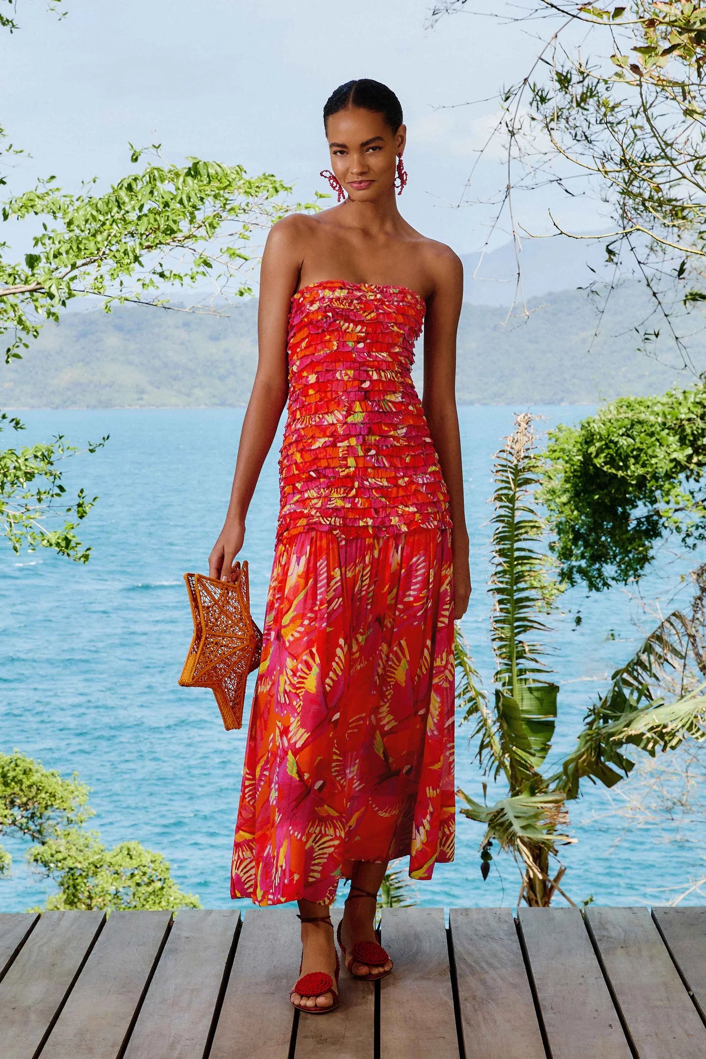 Vestido midi sin tirantes estampado Orange Flying Birds