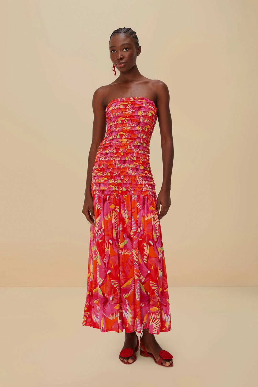 Vestido midi sin tirantes estampado Orange Flying Birds