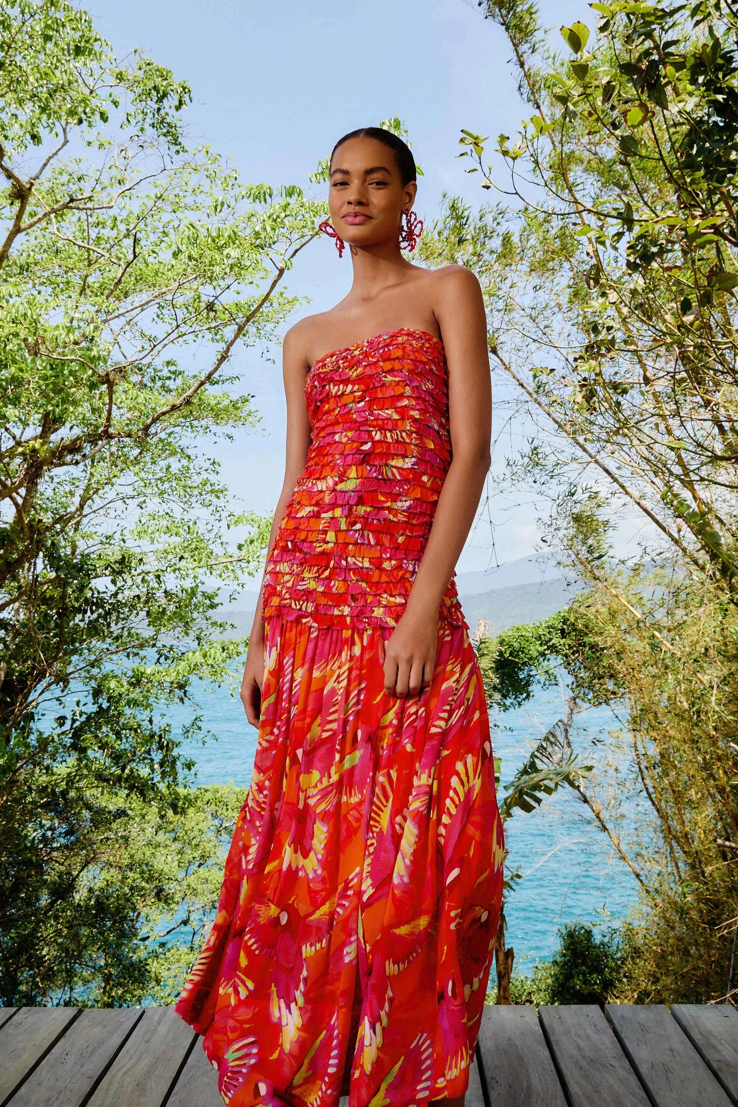 Vestido midi sin tirantes estampado Orange Flying Birds