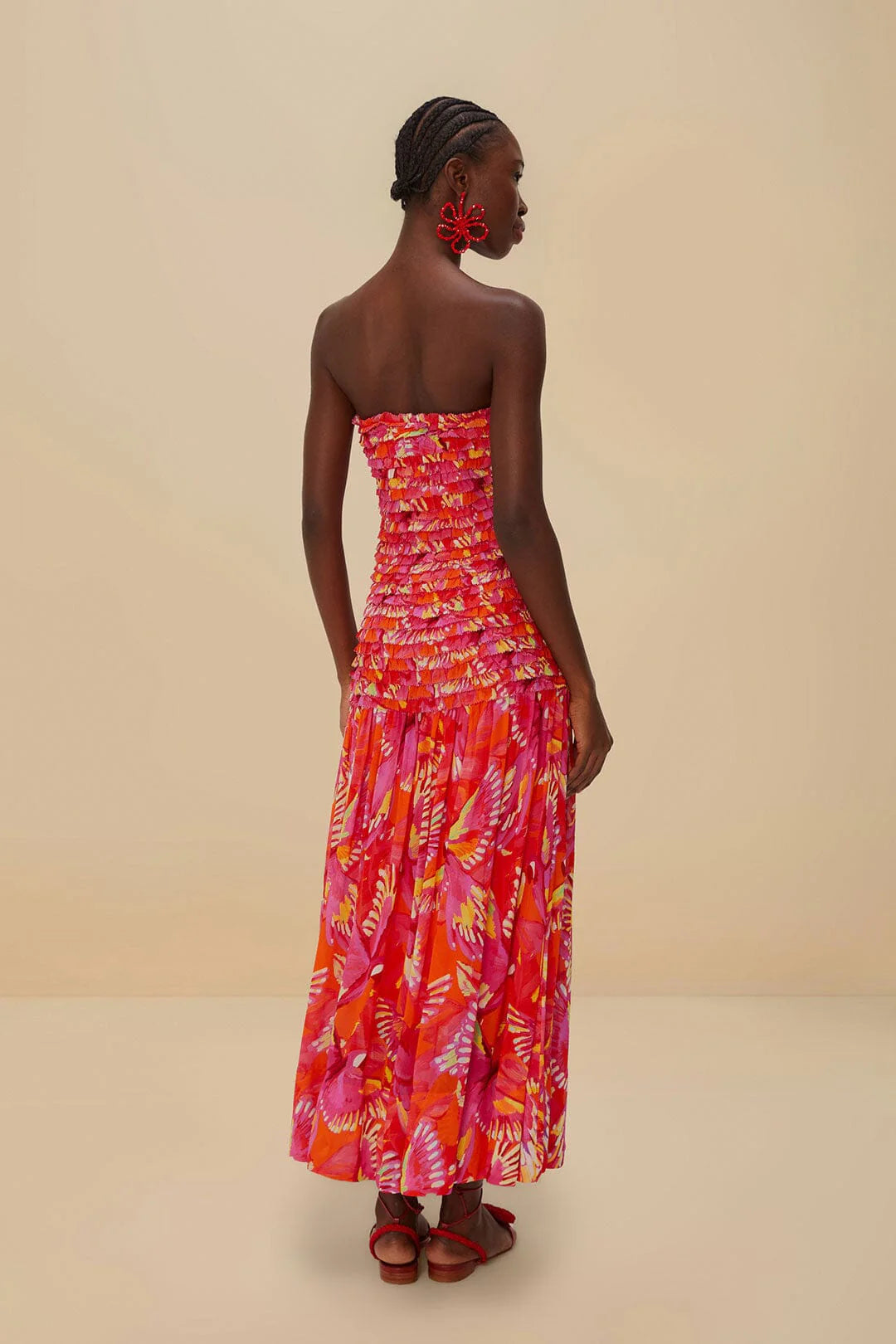Vestido midi sin tirantes estampado Orange Flying Birds