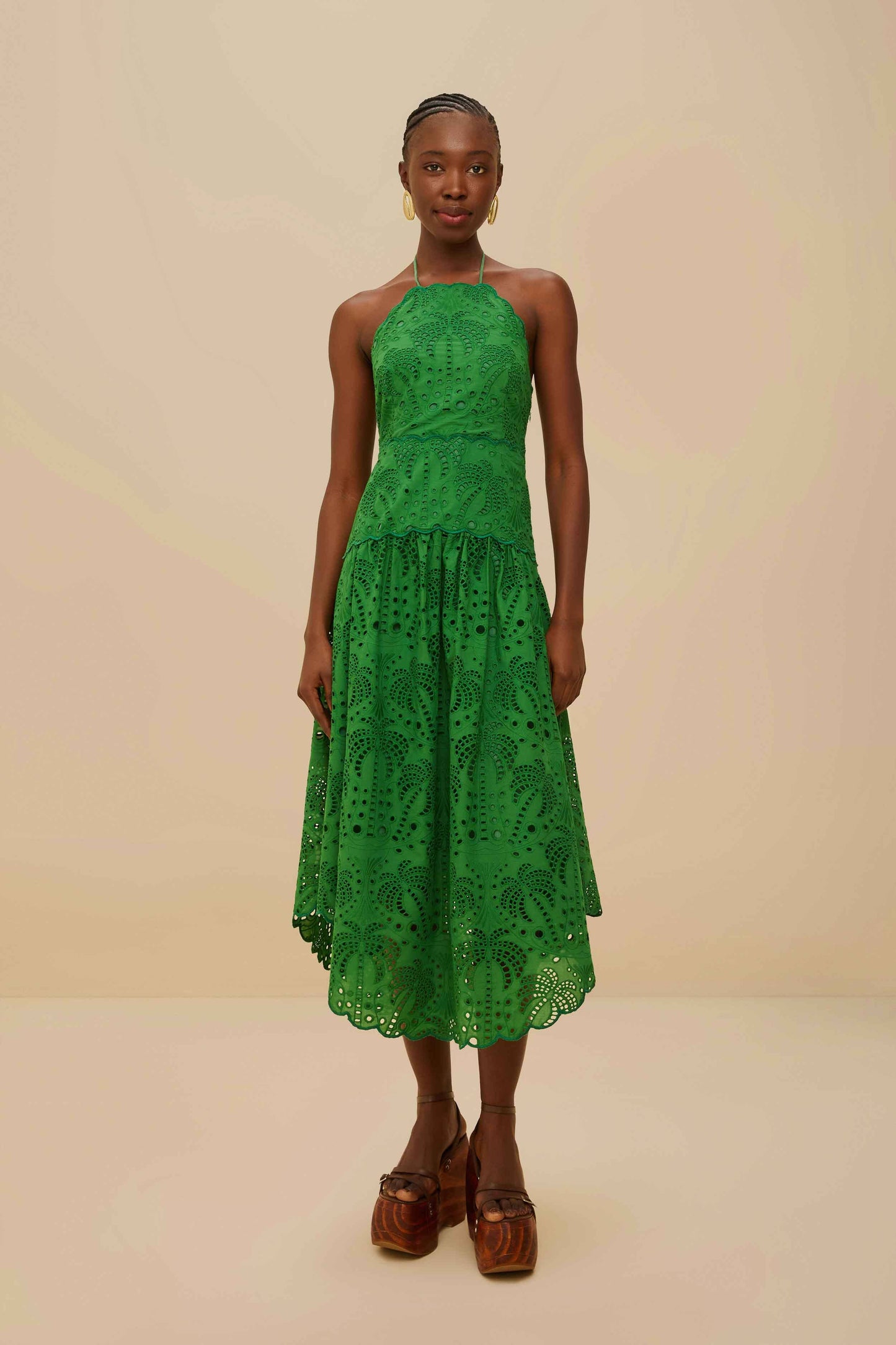 Green Palm Tree Eyelet Halter Neck Midi Dress
