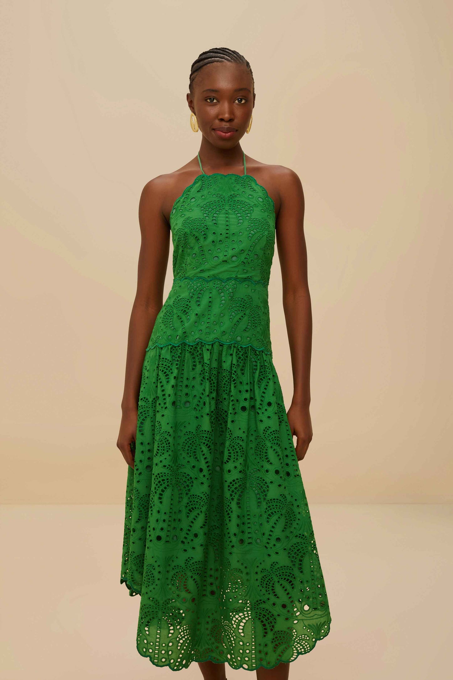Green Palm Tree Eyelet Halter Neck Midi Dress