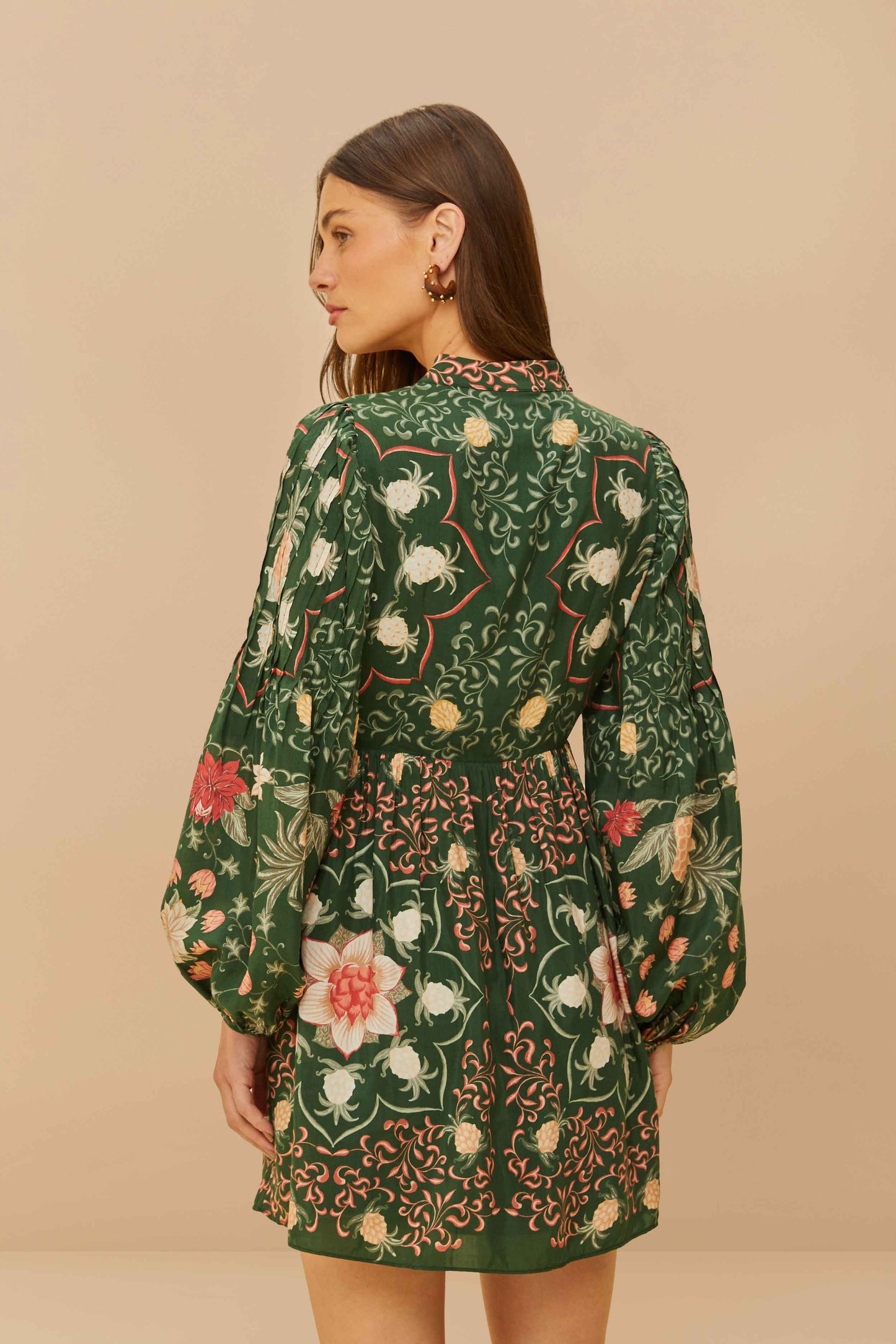 Mini Vestido de Manga Larga Jardín de Piñas Verde