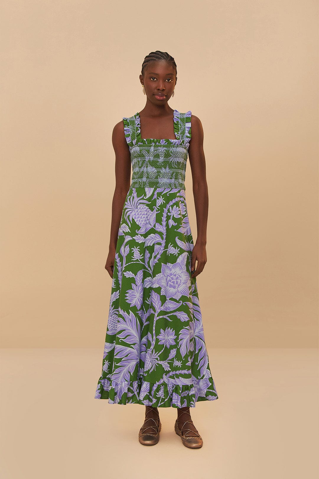 Vestido midi sin mangas Swing Tropical Verde