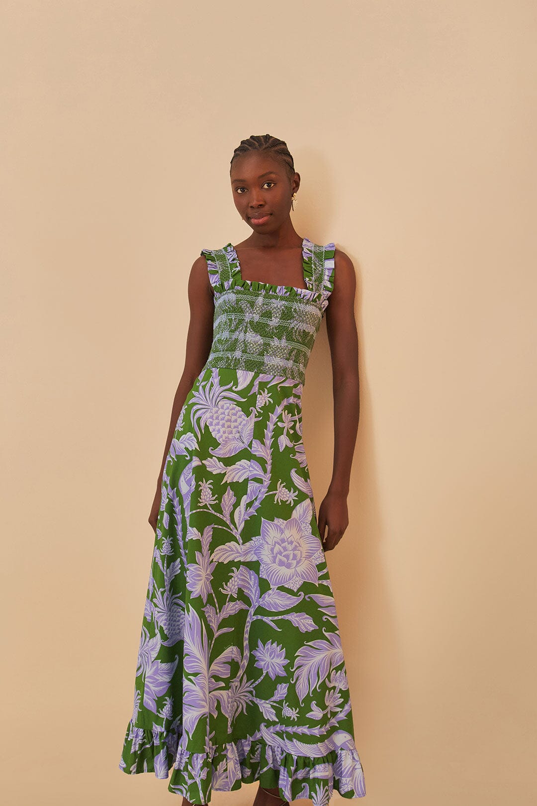 Vestido midi sin mangas Swing Tropical Verde
