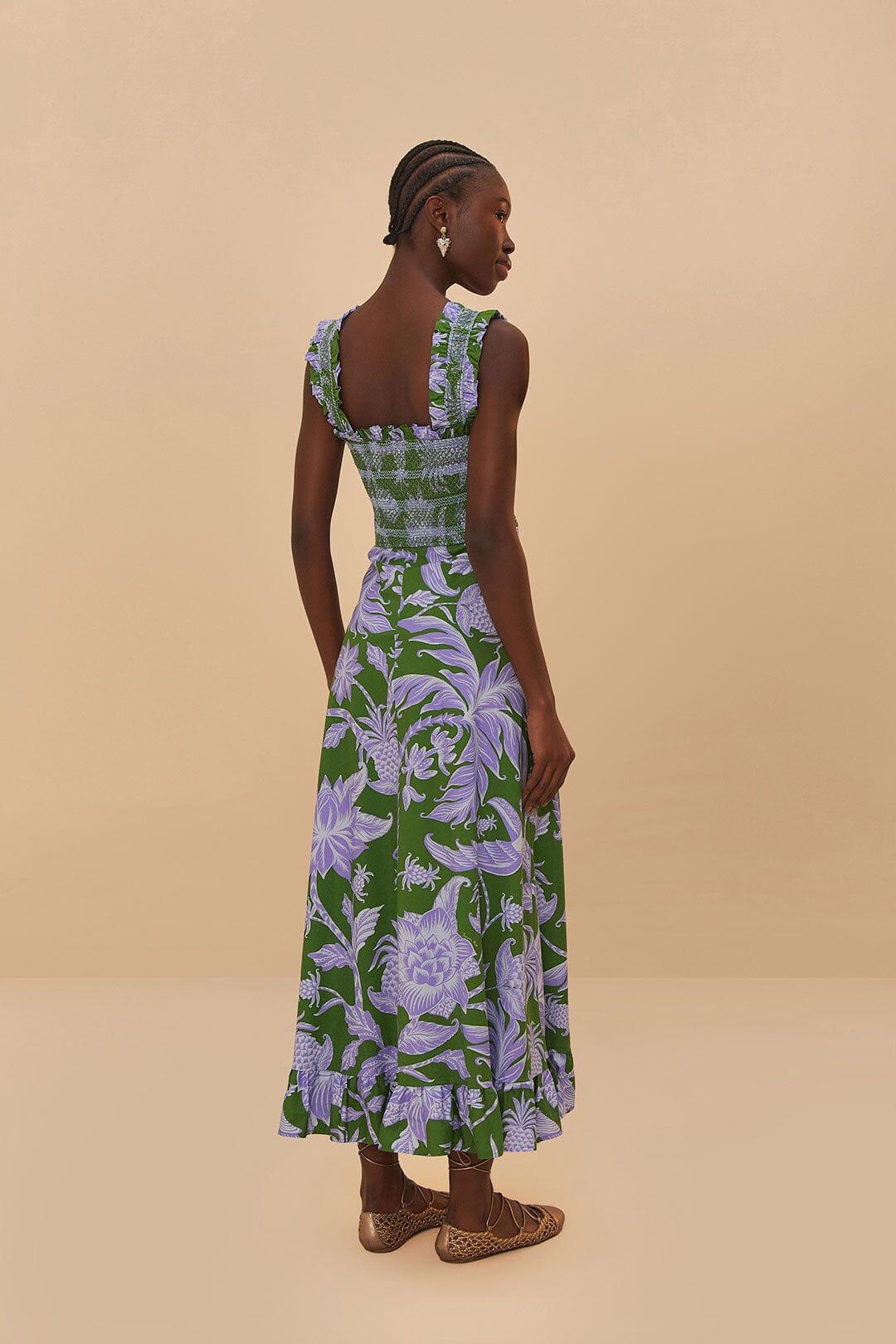 Vestido midi sin mangas Swing Tropical Verde