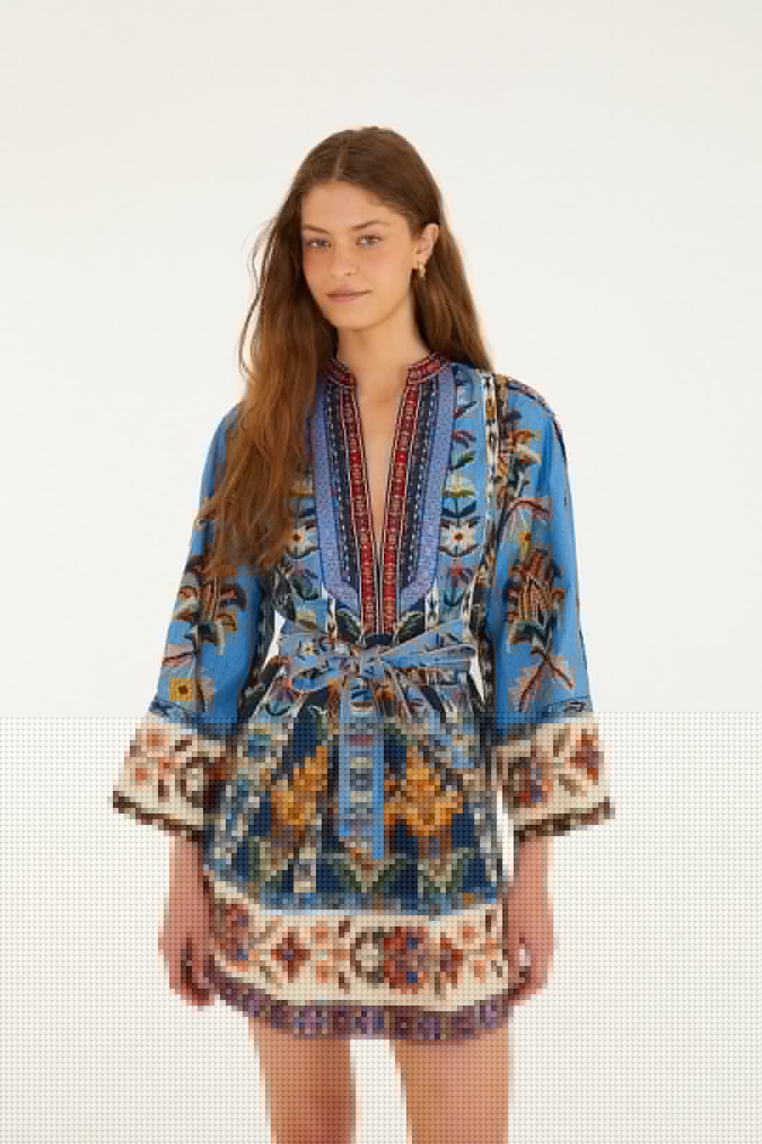mini vestido azul tapiz bordado