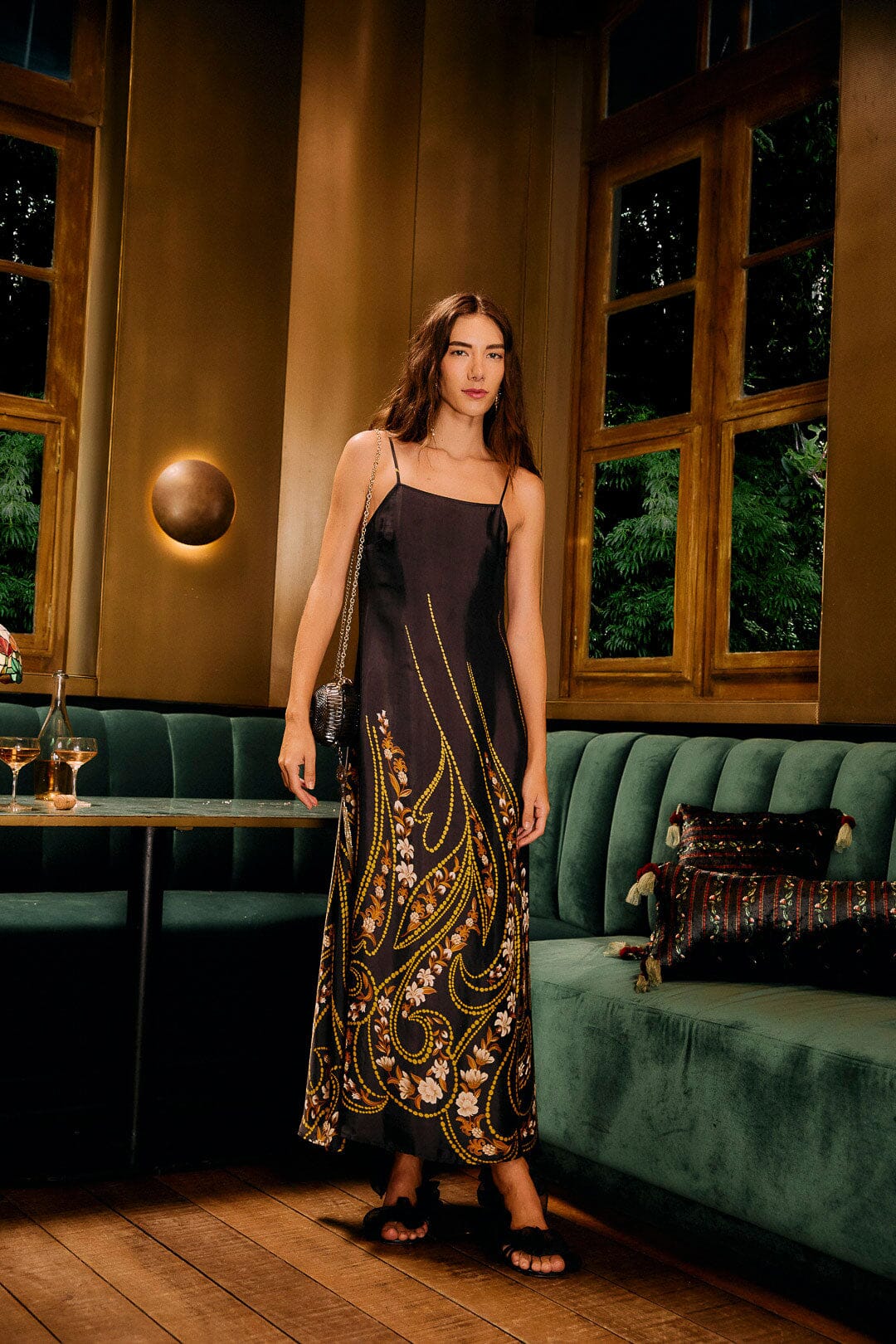 garden silhouette black slip midi dress