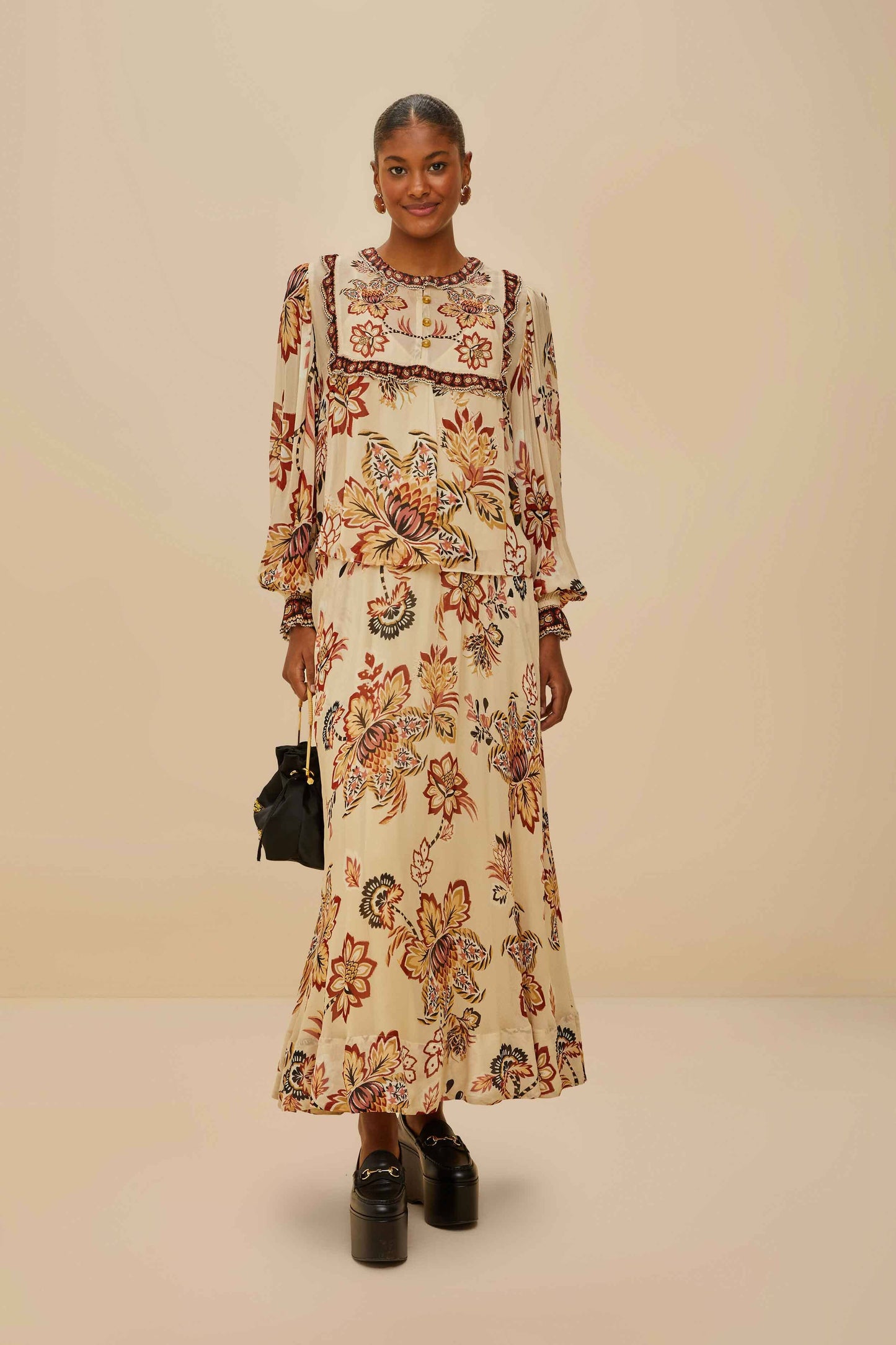 Falda midi floral Sand Aura