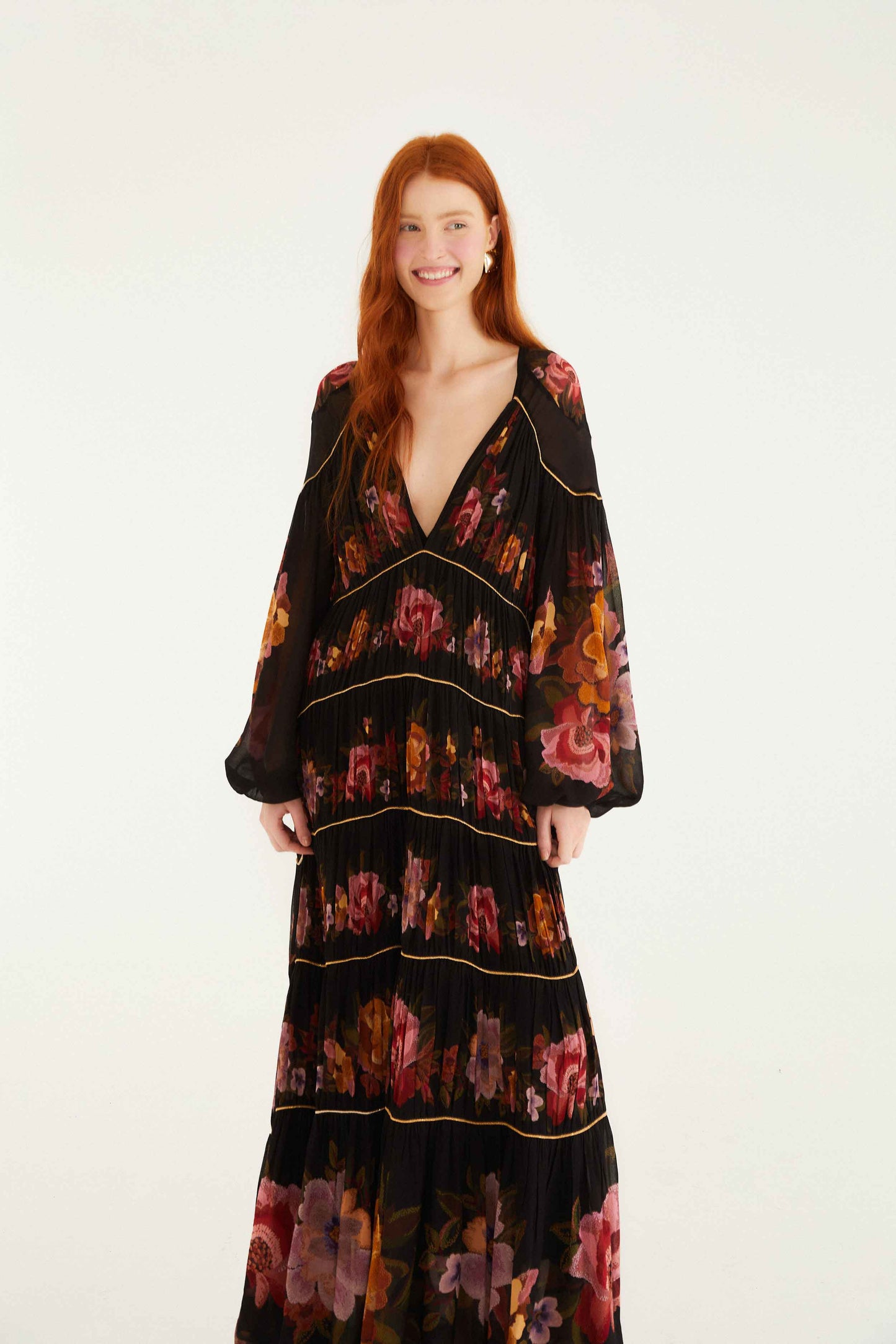 chenille flowers black long sleeve midi dress