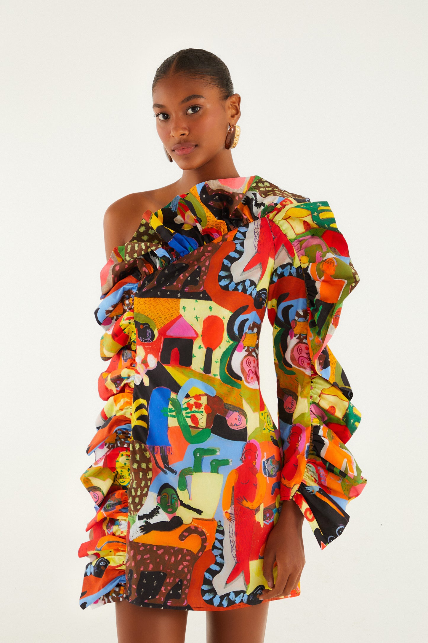 ANA LEOVY FARM RIO MULTICOLOR ONE SHOULDER MINI DR