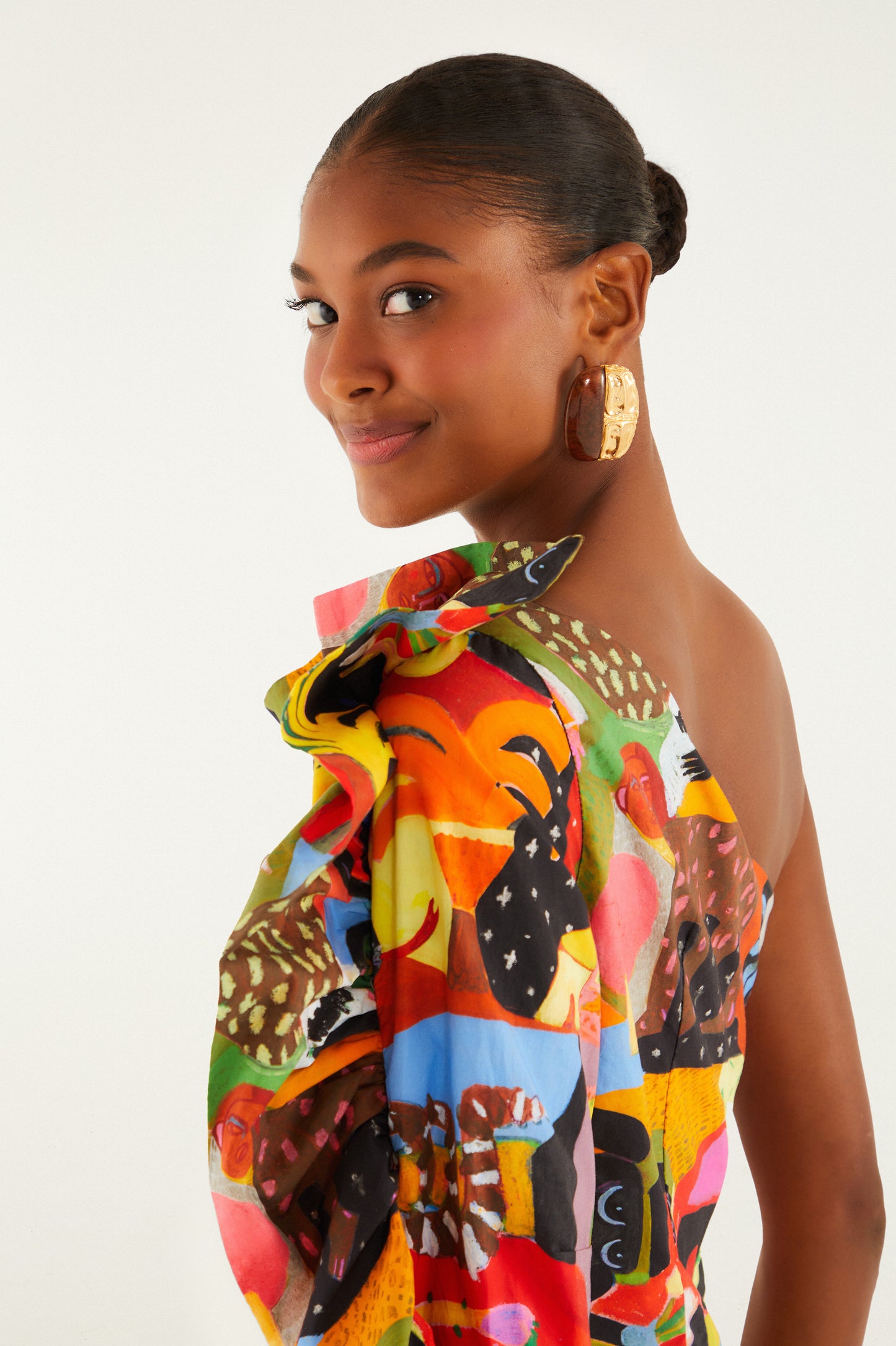 ANA LEOVY FARM RIO MULTICOLOR ONE SHOULDER MINI DR