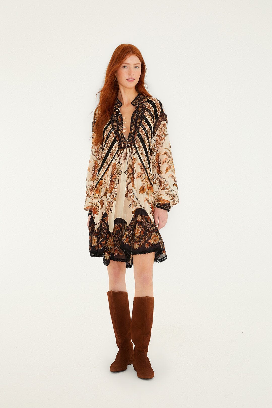 majestic garden sand lace long sleeves mini dress