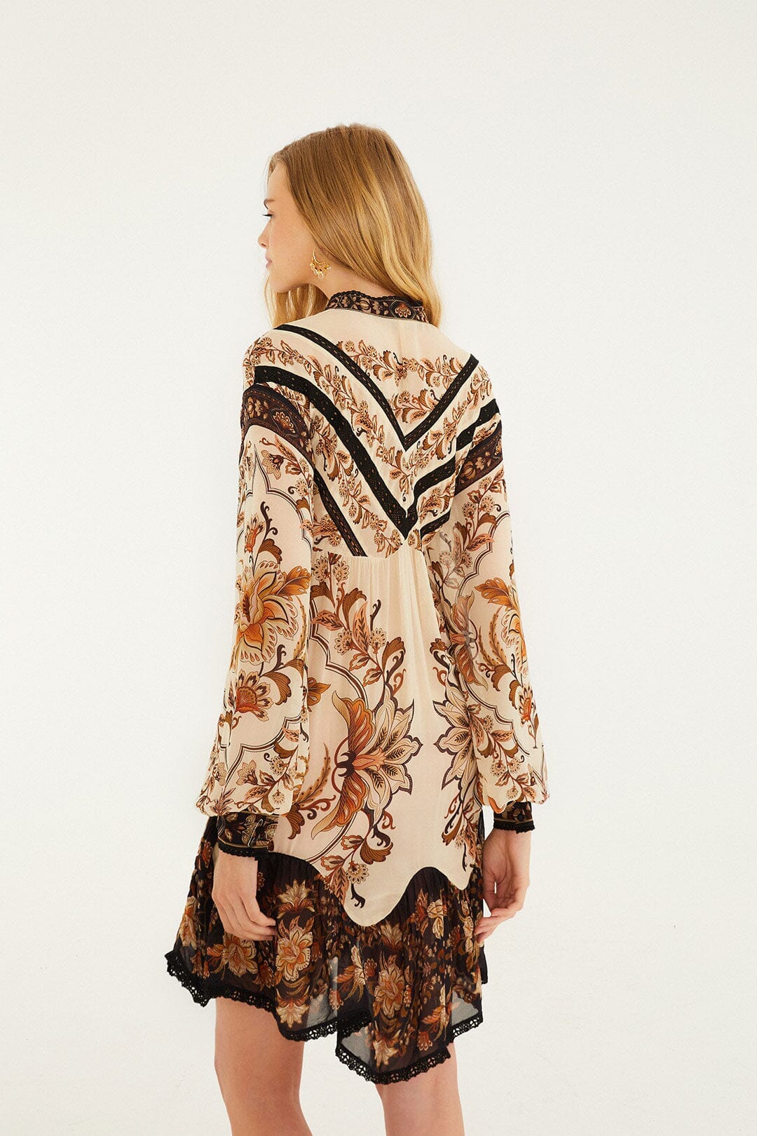 majestic garden sand lace long sleeves mini dress