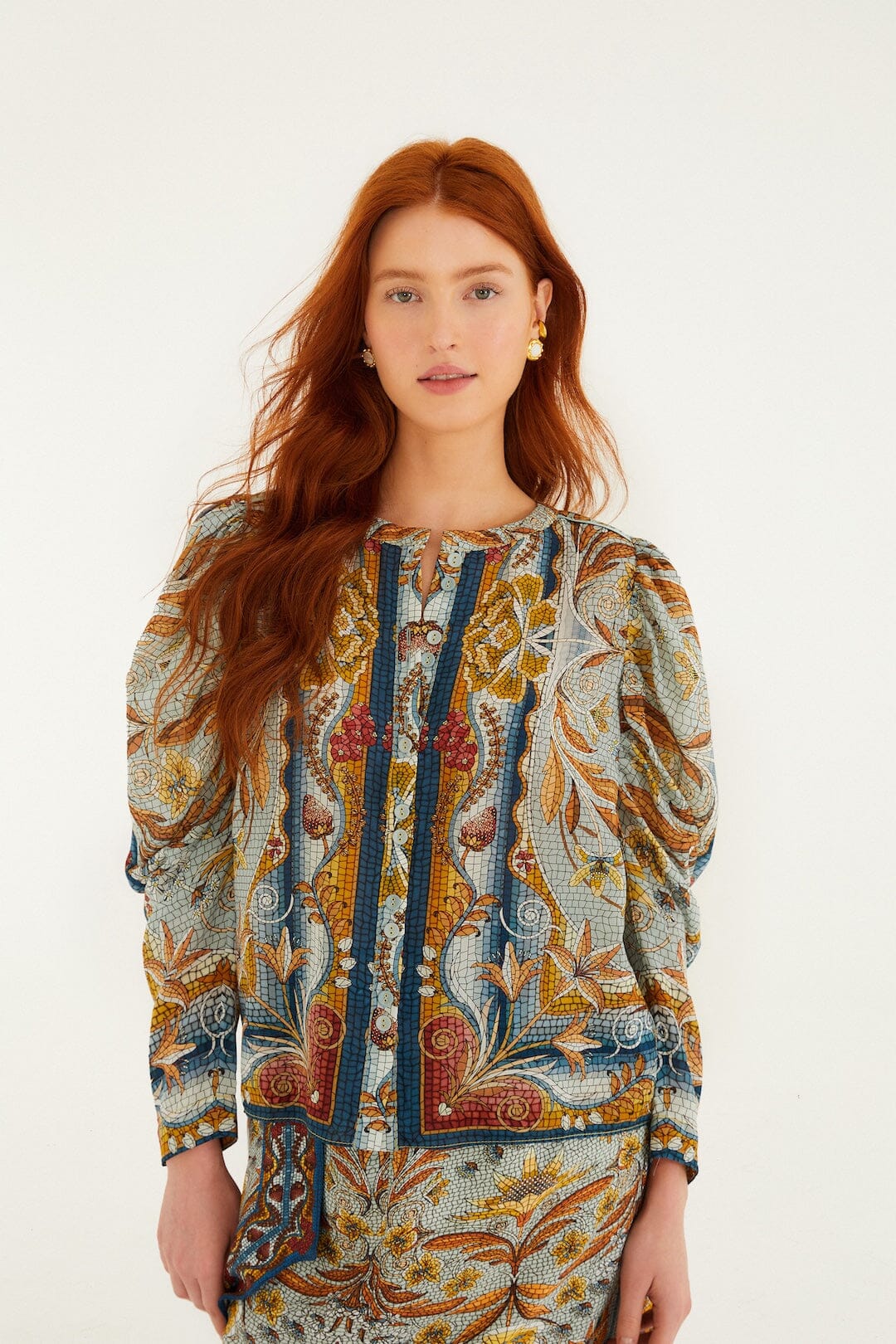 BLUSA MANGA LARGA MOSAIC GARDEN AZUL SUAVE