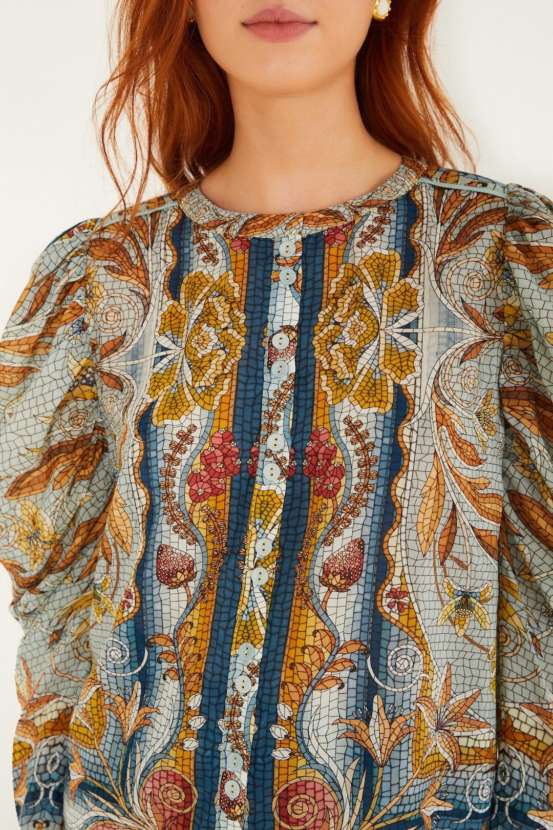 BLUSA MANGA LARGA MOSAIC GARDEN AZUL SUAVE