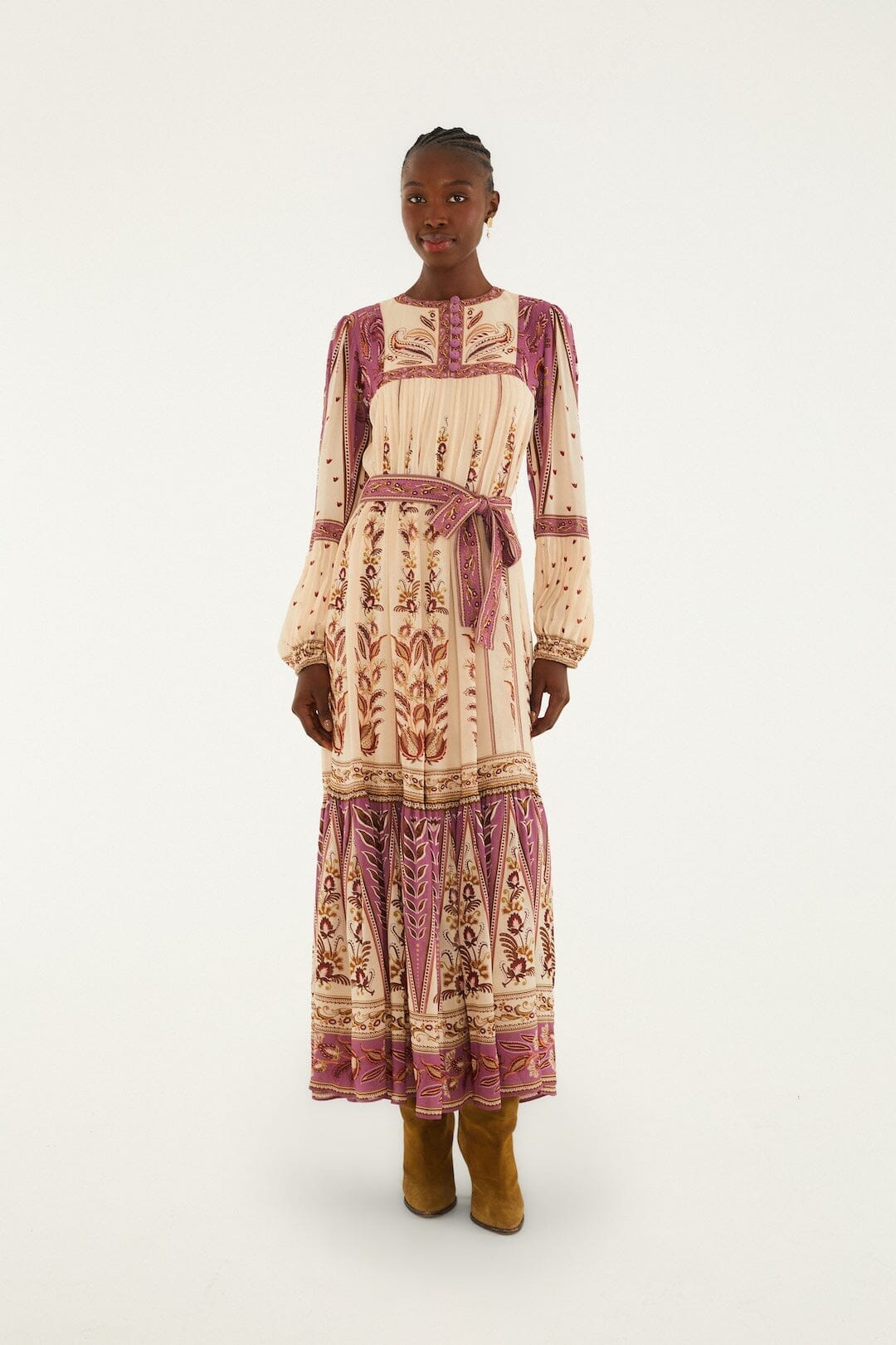 delicate ainika sand long sleeve maxi dress