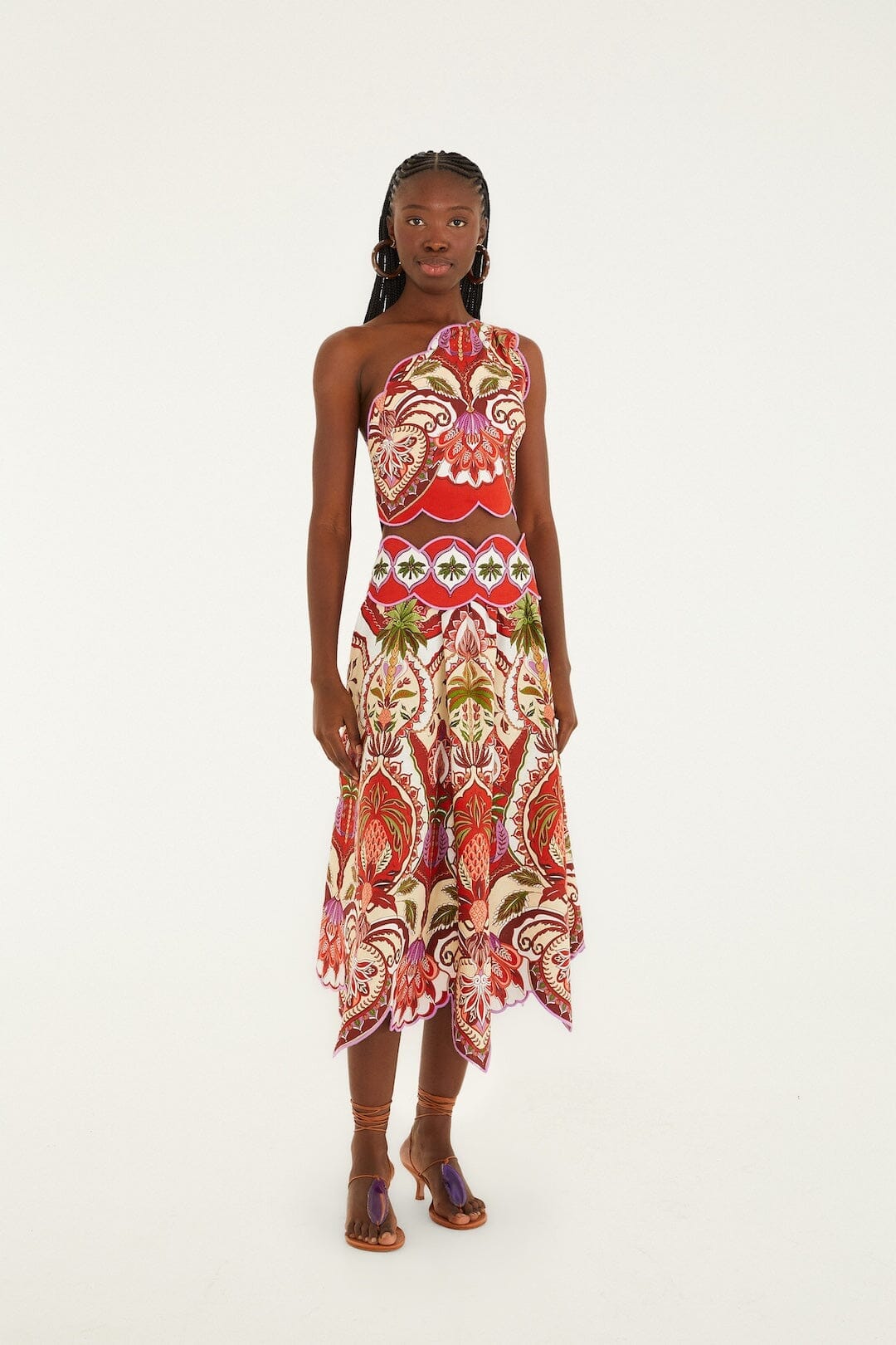 odara red one shoulder scallops top