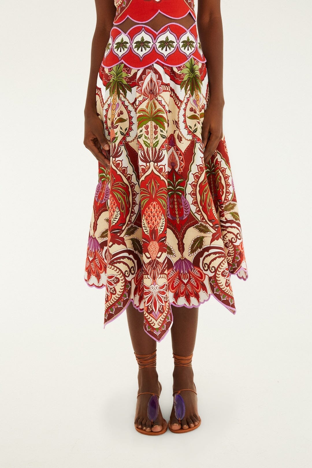 odara red scallops midi skirt