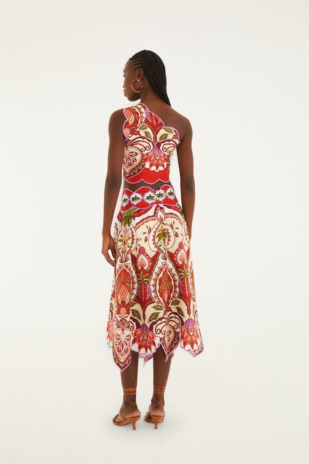 odara red scallops midi skirt