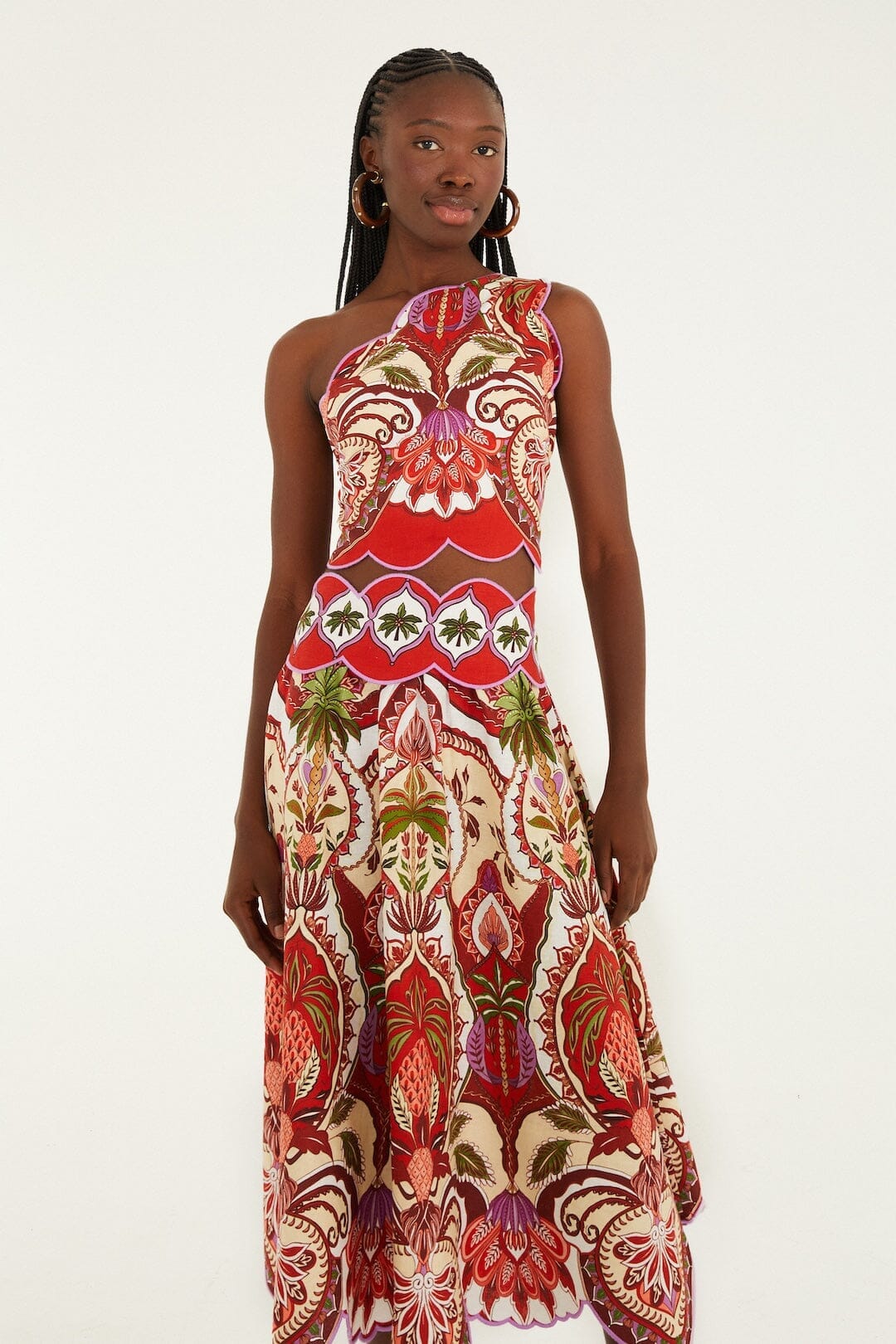 odara red scallops midi skirt