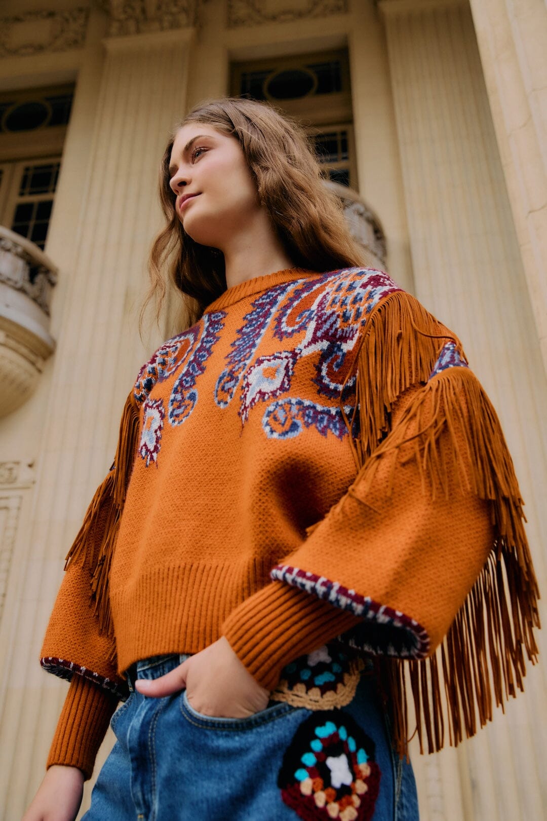 arabesque scarf fringe knit sweater