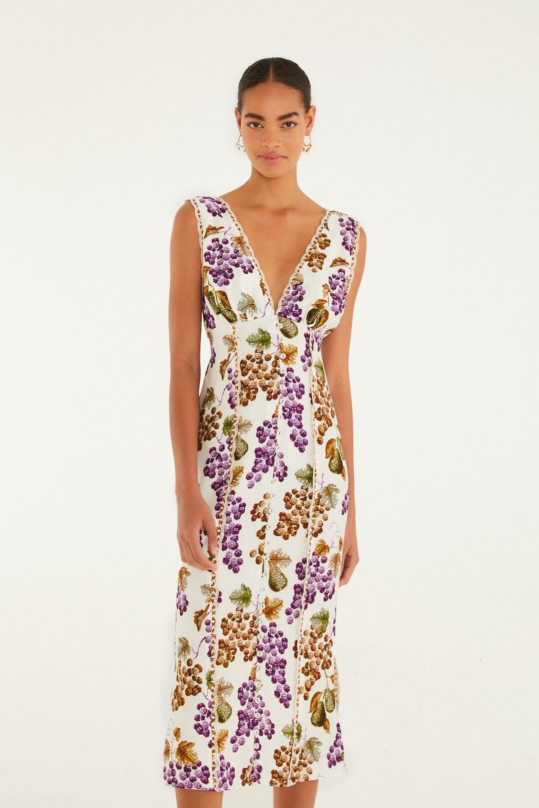 grape garden cream sleeveless midi dress