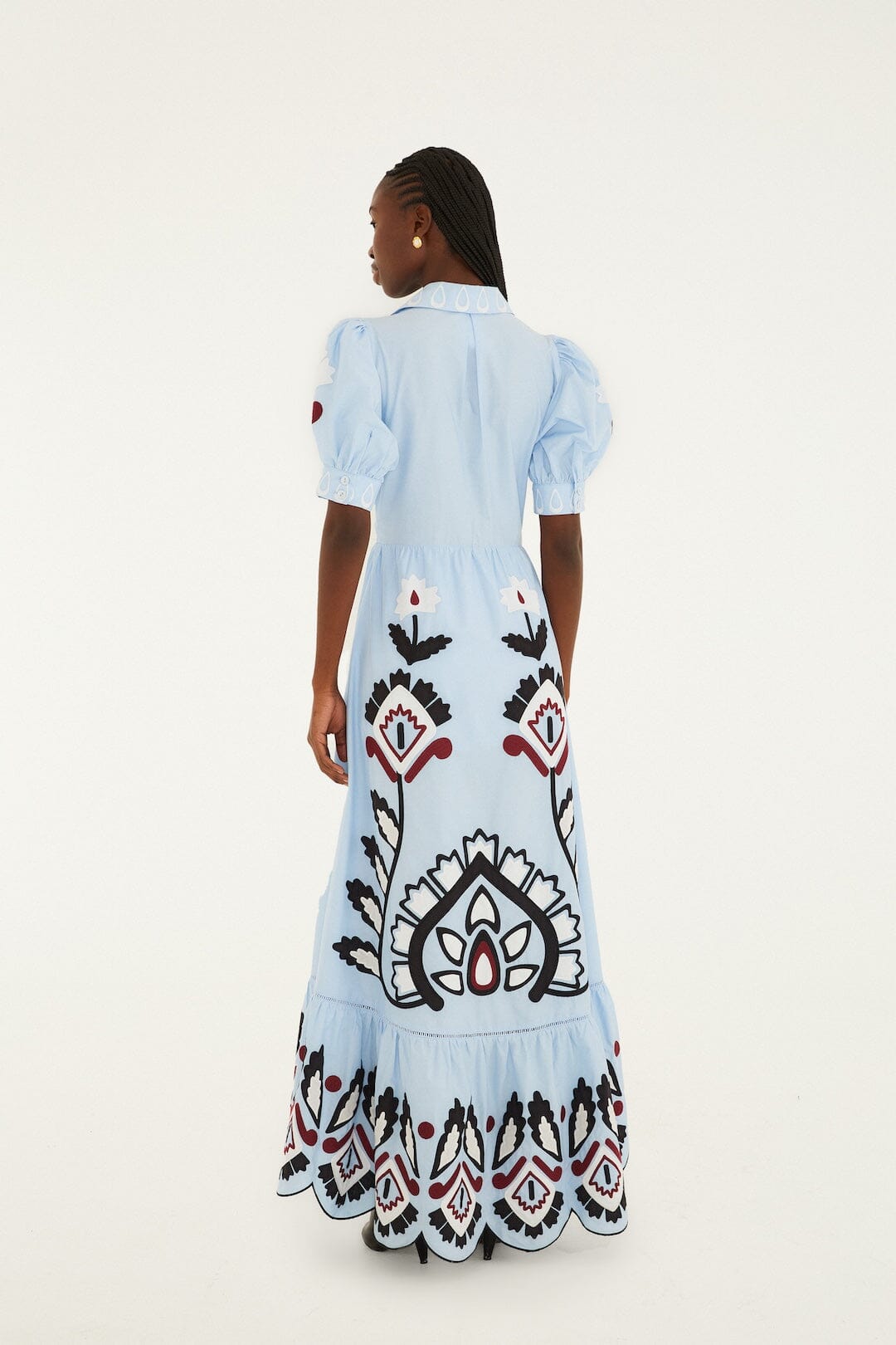 blue artisanal short sleeve maxi dress