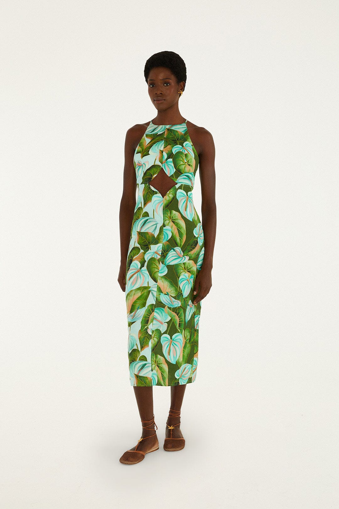 Vestido Midi Verde Hojas de Anturio con Abertura