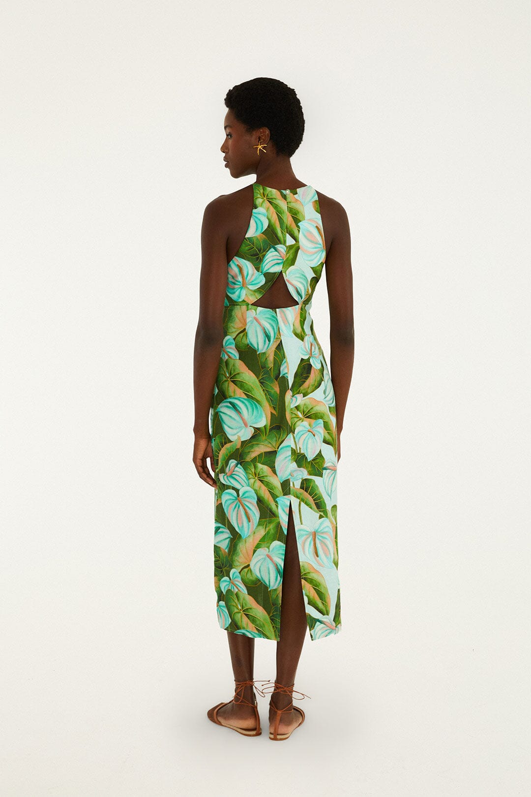 Vestido Midi Verde Hojas de Anturio con Abertura