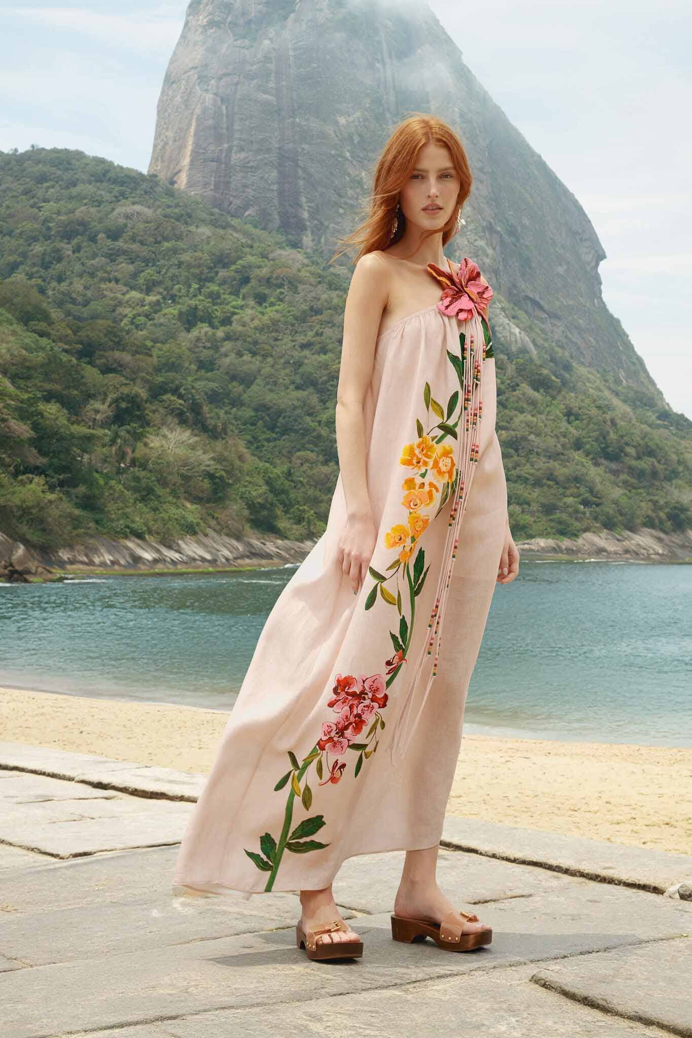 Maxi Vestido Rosa Garden Terrace 3D de Un Hombro