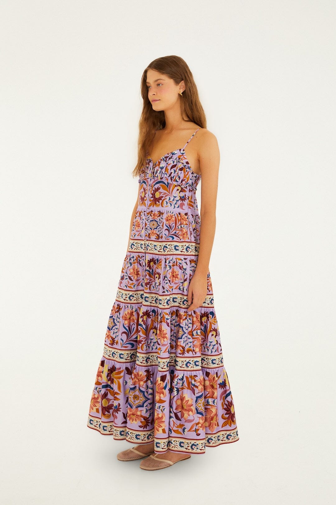 Vestido largo escalonado sin mangas lila con azulejos de flores