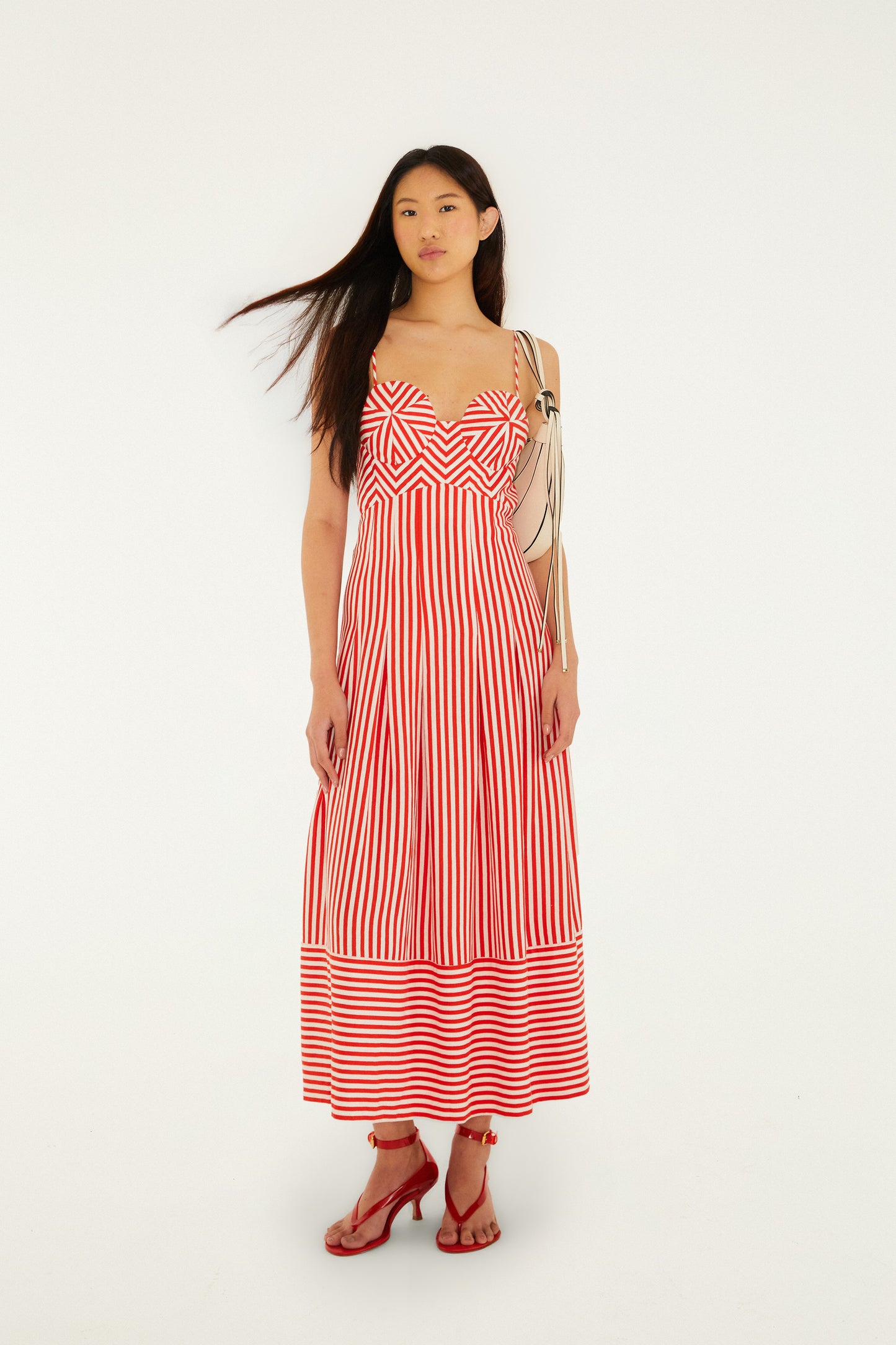Vestido largo sin mangas blanco roto con rayas a cuadros