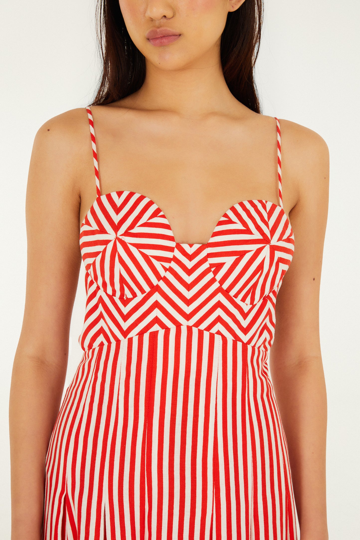 Vestido largo sin mangas blanco roto con rayas a cuadros