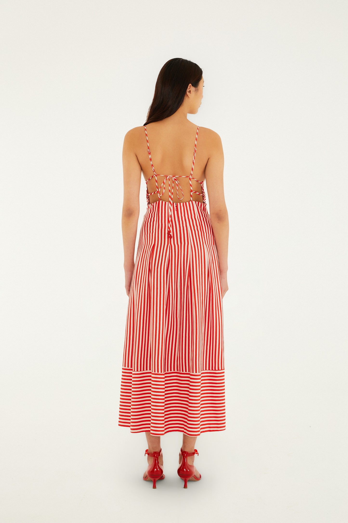 Vestido largo sin mangas blanco roto con rayas a cuadros