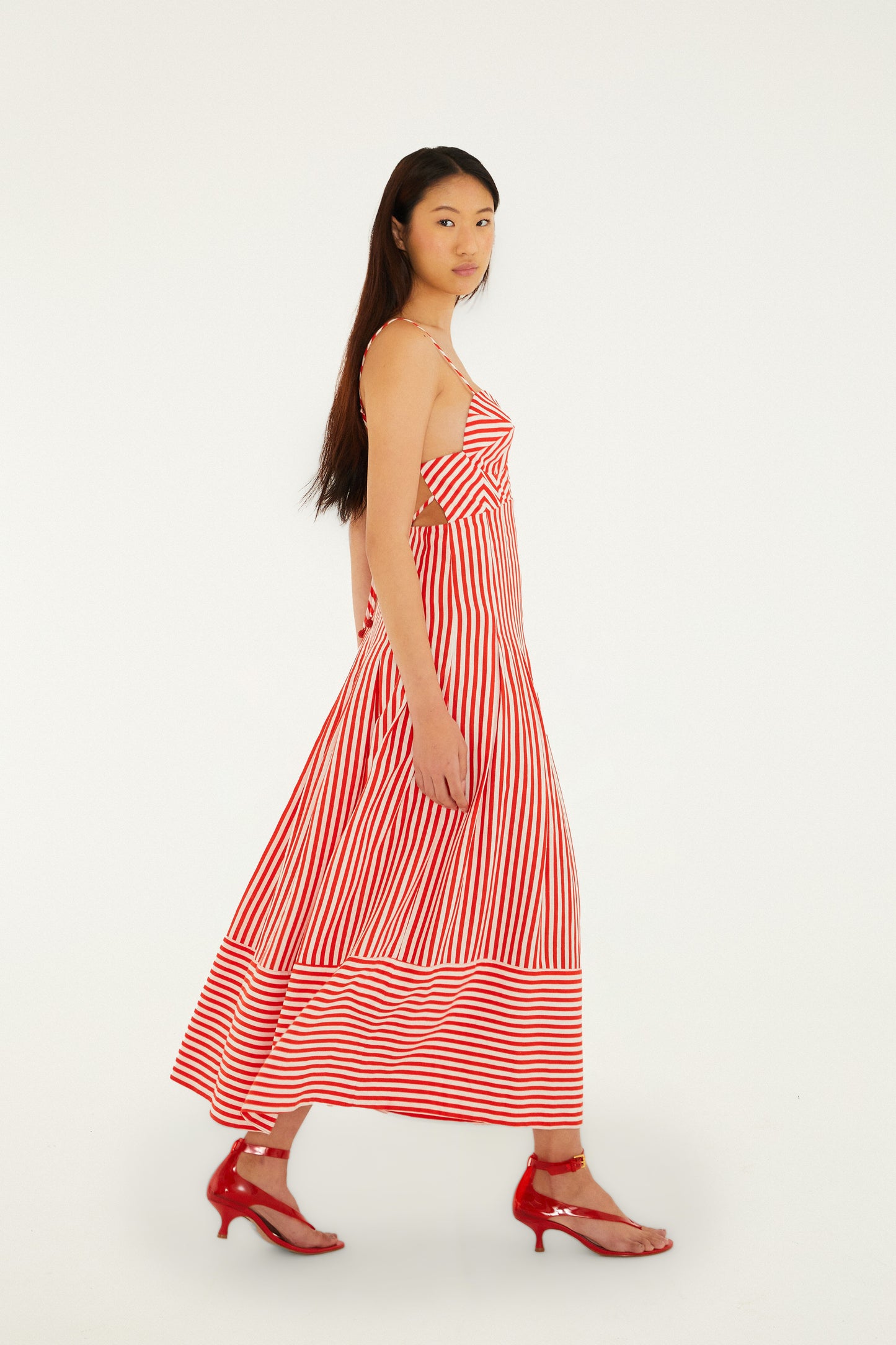 Vestido largo sin mangas blanco roto con rayas a cuadros