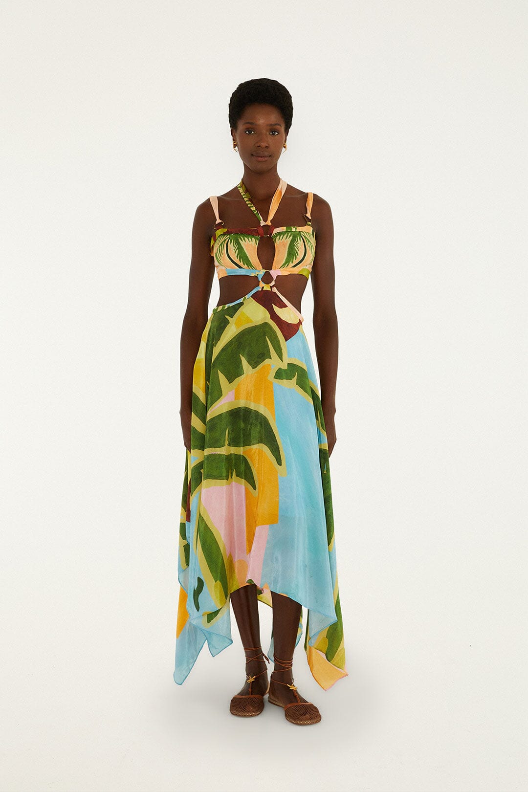 Maxi Vestido Multicolor Tropical Painting con Aberturas y Hebillas