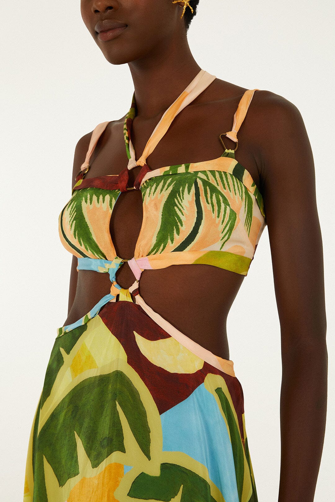 Maxi Vestido Multicolor Tropical Painting con Aberturas y Hebillas