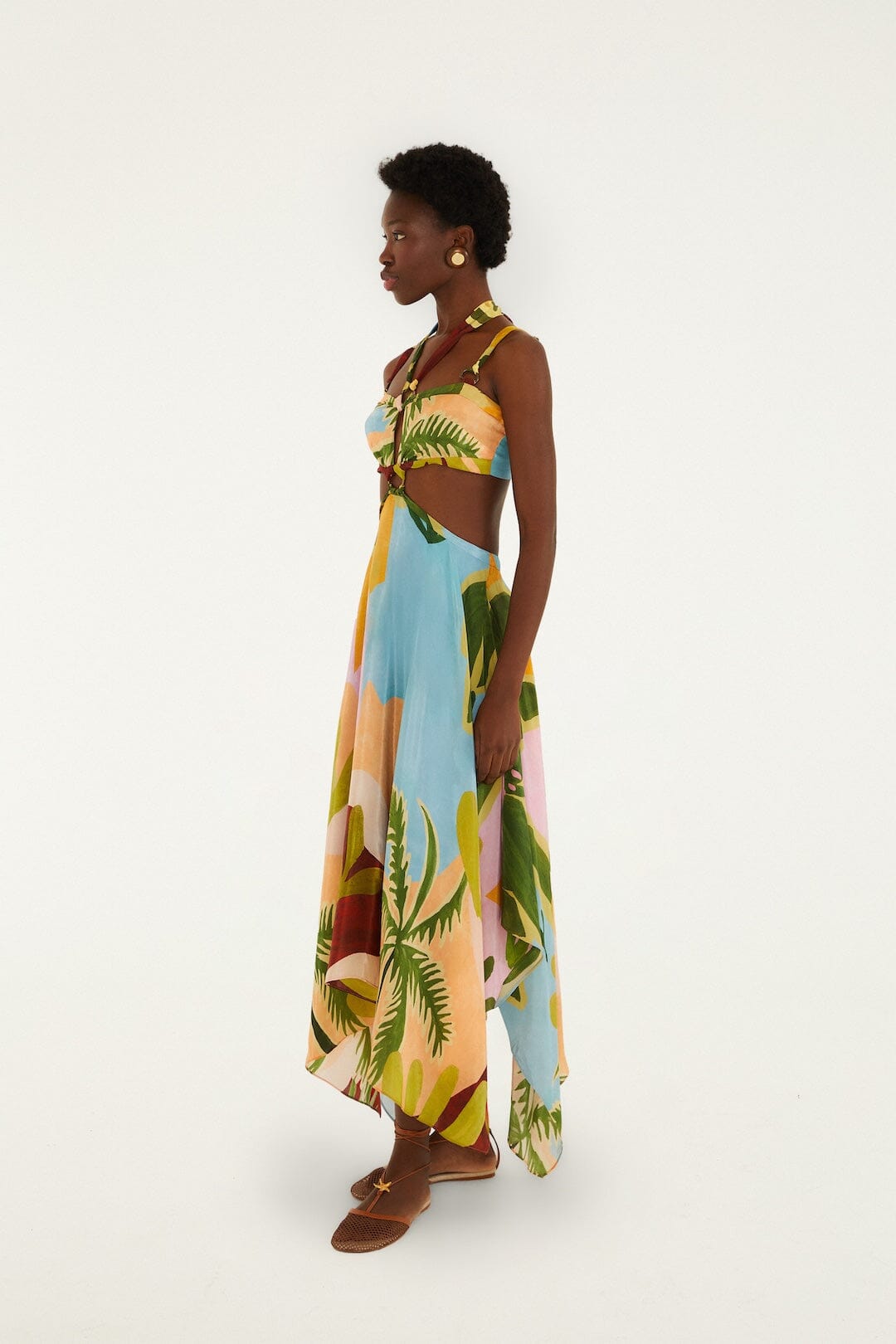 Maxi Vestido Multicolor Tropical Painting con Aberturas y Hebillas