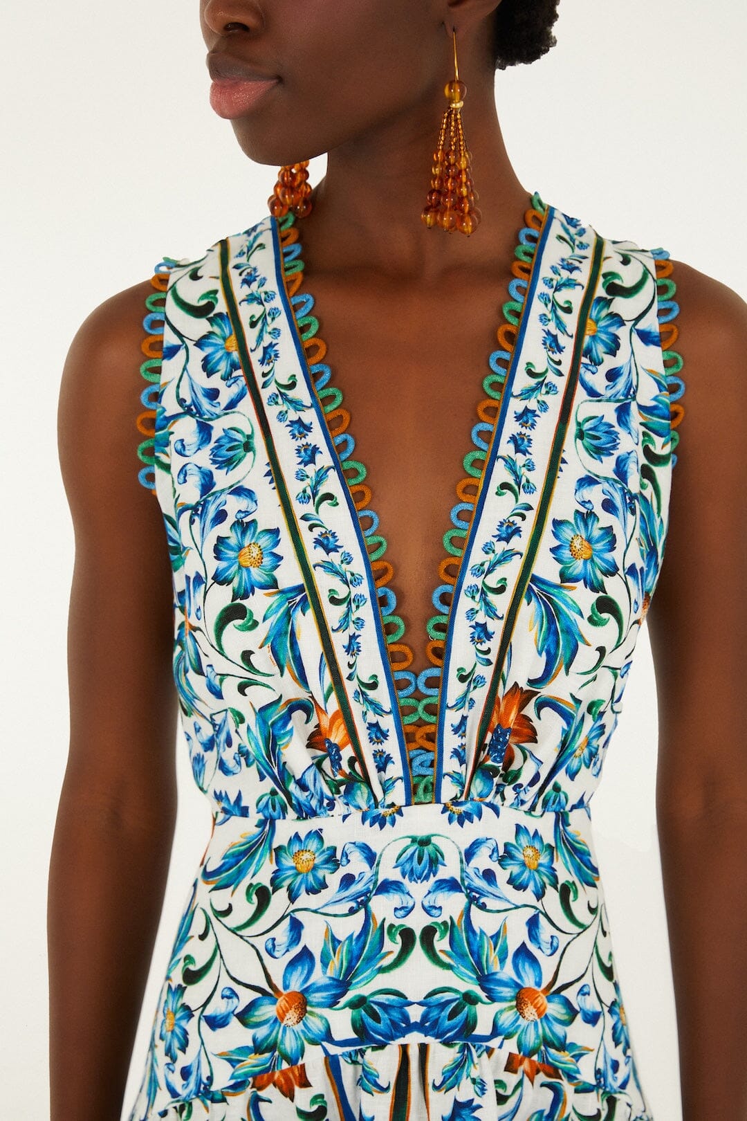Maxi Vestido Blanco Hueso Flora Tile con Festón